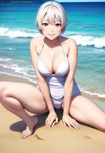 Tabletop, highest quality, (Realistic:1.4),,1 Japanese female, Woman, 47 years old,Wrinkles around the eyeouth wrinkles、魅惑的なsmile、Naughty look、Heavy breathing,Full Body Shot, smile,(Beautiful sea_Snow-white sandy beach:1.2)、Beautiful blue sky,No clothes,Completely naked,own and open your legs wide,(Leg spread:1.5),Don'Don't hide your cat,Erect nippl