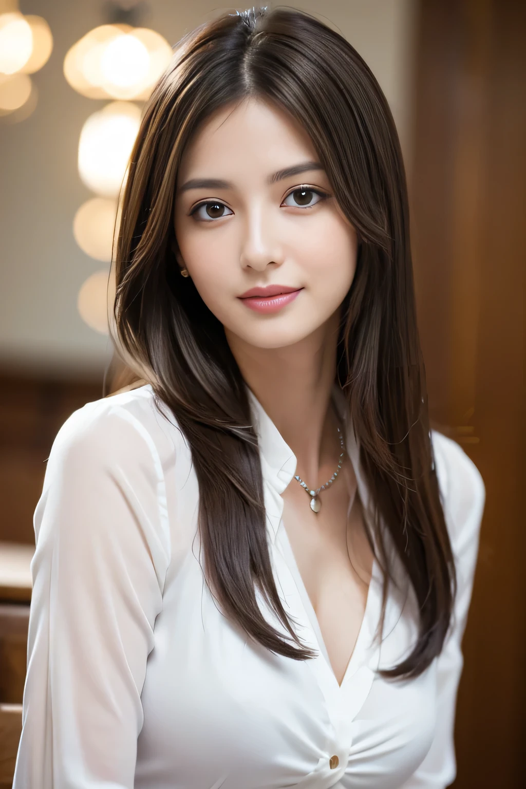 (RAW Photos), (Realistic), (masterpiece), (highest quality), High resolution, 8k, (Intricate details), (Volumetric Light), Portraiture, woman, Age 35, Medium Hair, Straight hair, Medium Chest, Accentuate your cleavage, Layered Hair, Brown Hair, Very beautiful eyes, Source order, Very thin eyebrows, Very fine skin, Very beautiful mouth, Very nice nose, Cute like an idol, smile, (Thick lips), (Looking at the audience), (White Collar Dress Shirt), Above the knee shot,