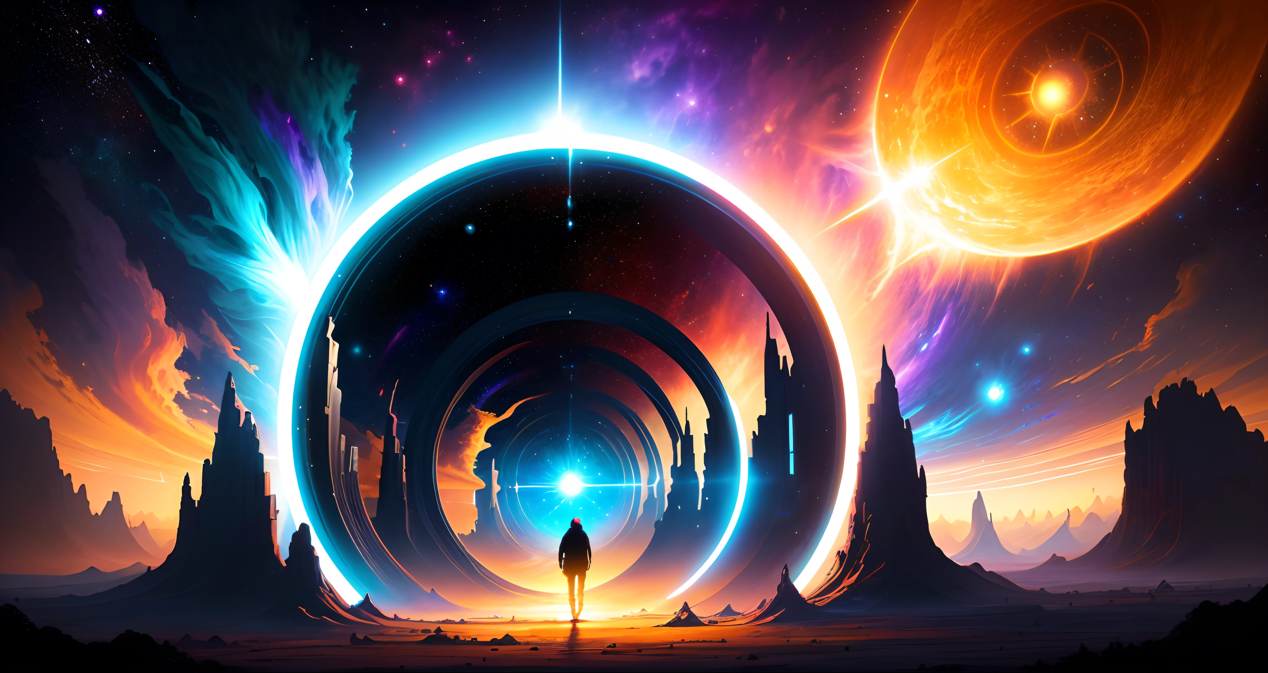 person, He stands in front of a space portal overlooking the sun, Cyril Rolando and Goro Fujita, A portal to another being, Inspired by Cyril Rolando, A portal to another dimension, cosmos, Visible only through the portal, High quality fantasy image, Portal to another cosmos, Portal to outer space, Cyril Rolando style, Consider space, being, Magical galactic portal, Star cycle, Machine