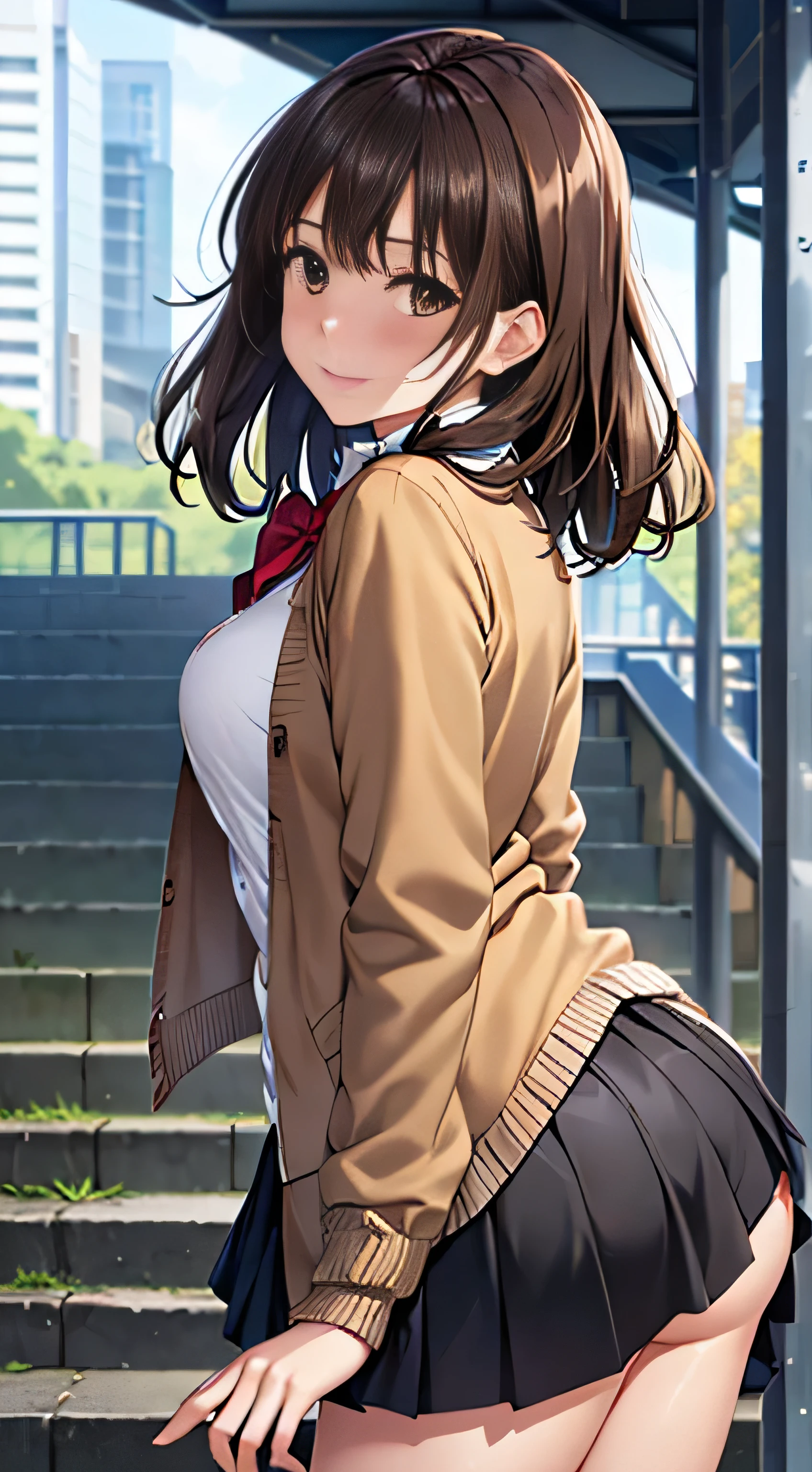 ((Tabletop, highest quality, High resolution, Hmph, Perfect Pixel, 4K, Hmph, Hmph))), One Girl, single, alone, Beauty、The whole body is visible、 ((Mid-wave hair, bangs, Brown Hair)), ((Brown eyes, Beautiful eyelashes, Realistic eyes)), ((Detailed face, Blushing:1.2)), ((Smooth texture:0.75, Realistic texture:0.65, Realistic:1.1, Anime CG Style)), Medium chest, Dynamic Angle, Perfect body, ((Red bow tie, , Black jacket, Open jacket, Brown cardigan, White shirt, Black Skirt, Checked skirt)), City stairs、Looking up from the bottom of the stairs、Very embarrassing panic smile, looked back、Leaning forward、(The wind blew up her skirt, exposing her buttocks....................、Touch your buttocks with both hands、Light blue floral lace panties)、
