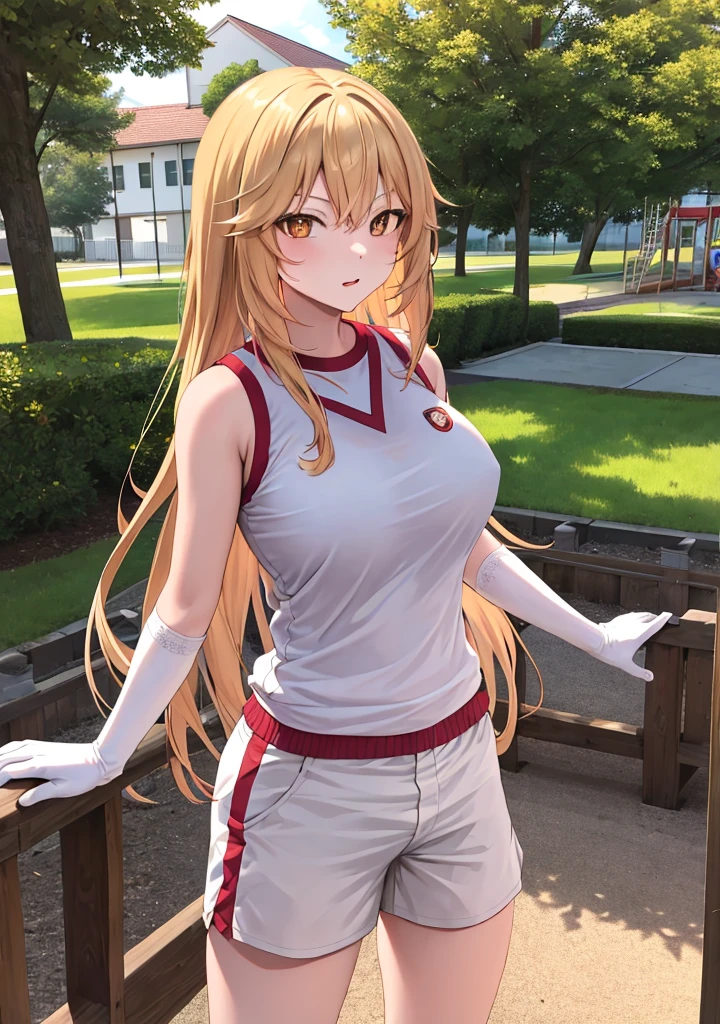 masterpiece, best quality, highres, hmmisaki, long hair, symbol-shaped pupils, +_+, large breasts, gym uniform, white shirt, sleeveless, white gloves, elbow gloves, white shorts, gym shorts, short shorts, outdoor, playground, grass, school, cowboy shot, standing,