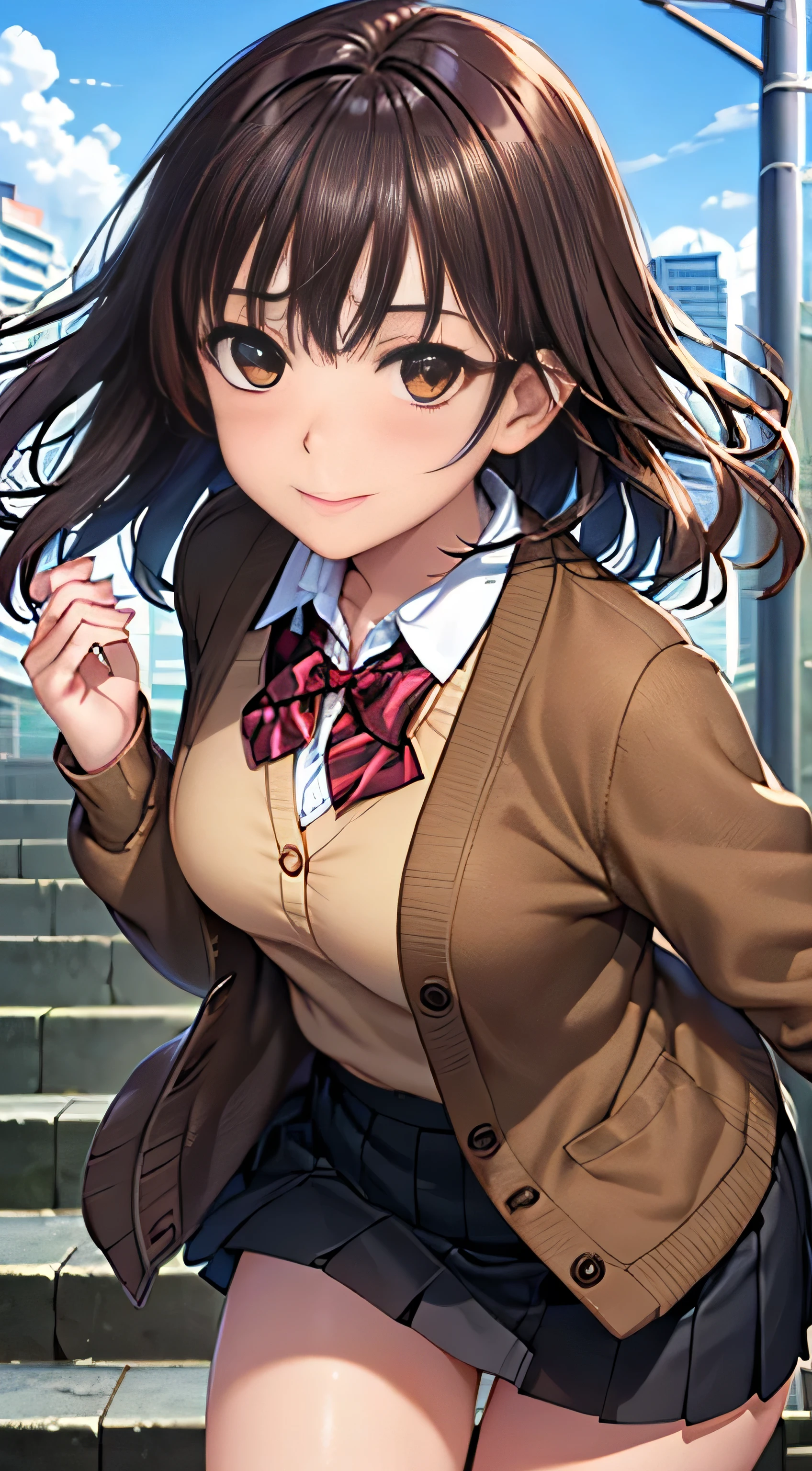 ((Tabletop, highest quality, High resolution, Hmph, Perfect Pixel, 4K, Hmph, Hmph))), One Girl, single, alone, Beauty、The whole body is visible、 ((Mid-wave hair, bangs, Brown Hair)), ((Brown eyes, Beautiful eyelashes, Realistic eyes)), ((Detailed face, Blushing:1.2)), ((Smooth texture:0.75, Realistic texture:0.65, Realistic:1.1, Anime CG Style)), Medium chest, Dynamic Angle, Perfect body, ((Red bow tie, , Black jacket, Open jacket, Brown cardigan, White shirt, Black Skirt, Checked skirt)), City stairs、Looking up from the bottom of the stairs、Very embarrassing panic smile, looked back、Leaning forward、(The wind blew up her skirt, exposing her buttocks....................、Touch your buttocks with both hands、White floral lace panties)、
