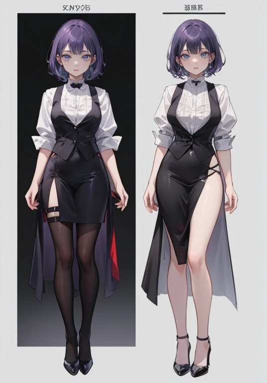 ((Perfect Face)),Purple Hair,Shortcuts,Adult female,bartender,((Harness)),Black vest,((Shirt with rolled up sleeves)),tie,((slit)),High heels,,((Simple Background)),smile,((whole body)),((full body)),Character portrait,upright,,Both arms are lowered,upright,
