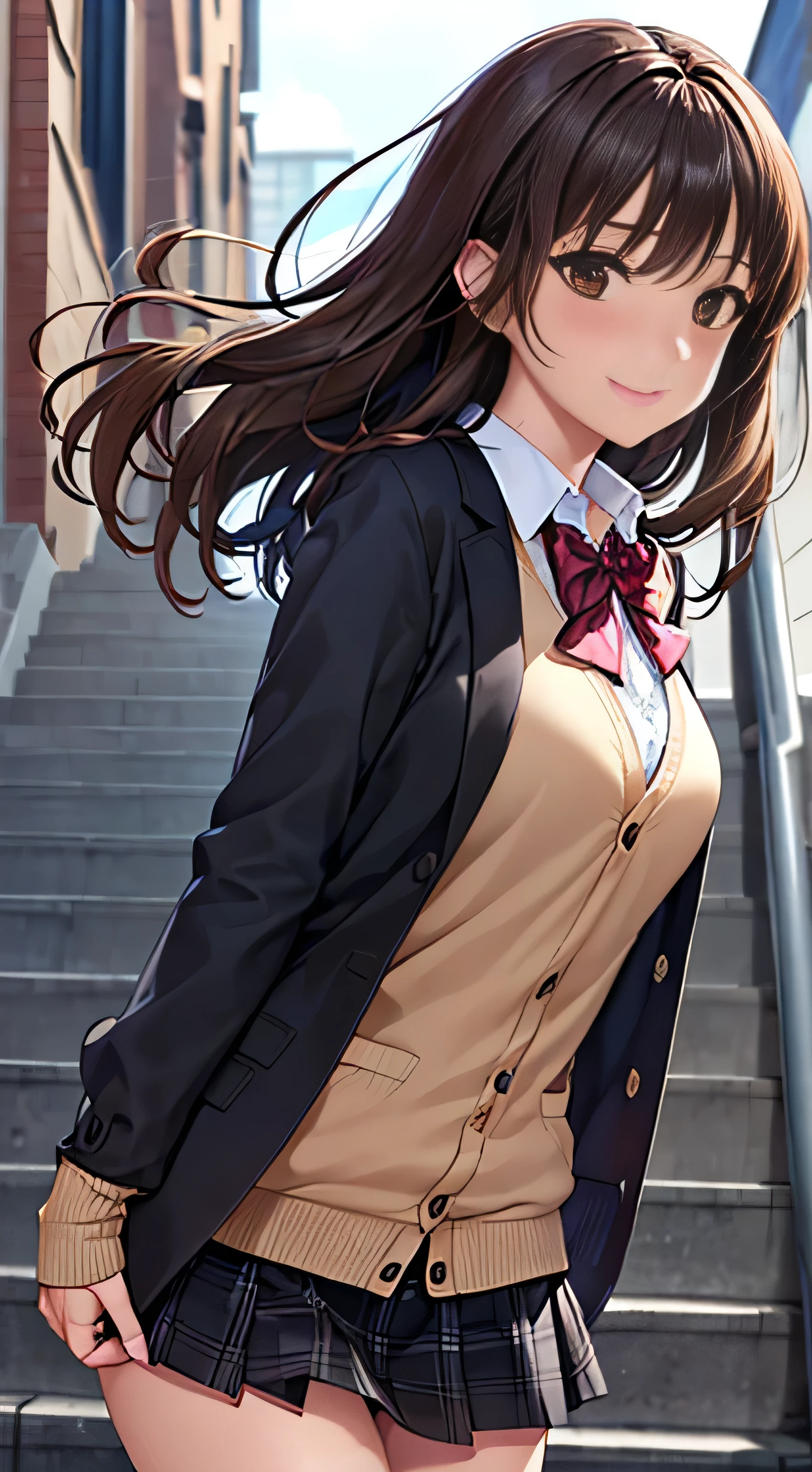 ((Tabletop, highest quality, High resolution, Hmph, Perfect Pixel,  4K, Hmph, Hmph))), One Girl, single, alone, Beauty、The whole body is visible、 ((Mid-wave hair, bangs, Brown Hair)), ((Brown eyes, Beautiful eyelashes, Realistic eyes)), ((Detailed face, Blushing:1.2)), ((Smooth texture:0.75, Realistic texture:0.65, Realistic:1.1, Anime CG Style)), Medium chest, Dynamic Angle, Perfect body,  ((Red bow tie, , Black jacket, Open jacket, Brown cardigan, White shirt, Black Skirt, Checked skirt)), City stairs、Looking up from the bottom of the stairs、Very embarrassing panic smile, looked back、Leaning forward、(The wind blew up her skirt, exposing her buttocks....................、Touch your buttocks with both hands、Light pink floral lace panties)、