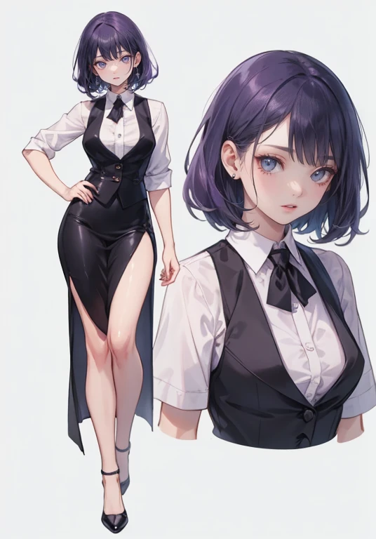 ((Perfect Face)),Purple Hair,Shortcuts,Adult female,bartender,((Harness)),Black vest,((Shirt with rolled up sleeves)),tie,((slit)),High heels,,((Simple Background)),smile,((whole body)),((full body)),Character portrait,upright,,Both arms are lowered,upright,