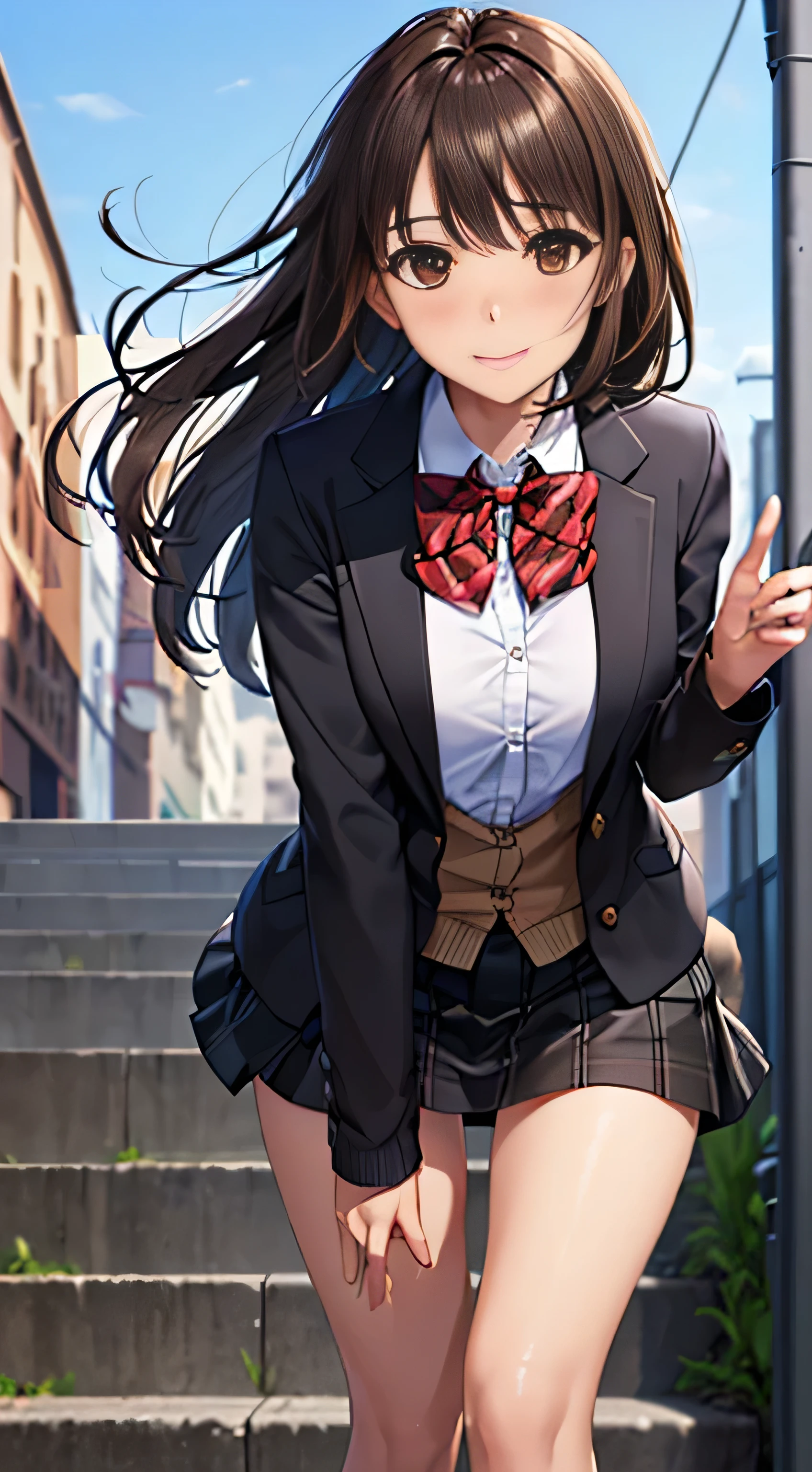 ((Tabletop, highest quality, High resolution, Hmph, Perfect Pixel,  4K, Hmph, Hmph))), One Girl, single, alone, Beauty、The whole body is visible、 ((Mid-wave hair, bangs, Brown Hair)), ((Brown eyes, Beautiful eyelashes, Realistic eyes)), ((Detailed face, Blushing:1.2)), ((Smooth texture:0.75, Realistic texture:0.65, Realistic:1.1, Anime CG Style)), Medium chest, Dynamic Angle, Perfect body,  ((Red bow tie, , Black jacket, Open jacket, Brown cardigan, White shirt, Black Skirt, Checked skirt)), City stairs、Looking up from the bottom of the stairs、Very embarrassing panic smile, looked back、Leaning forward、(The wind blew up her skirt, exposing her buttocks....................、Touch your buttocks with both hands、White floral lace panties)、
