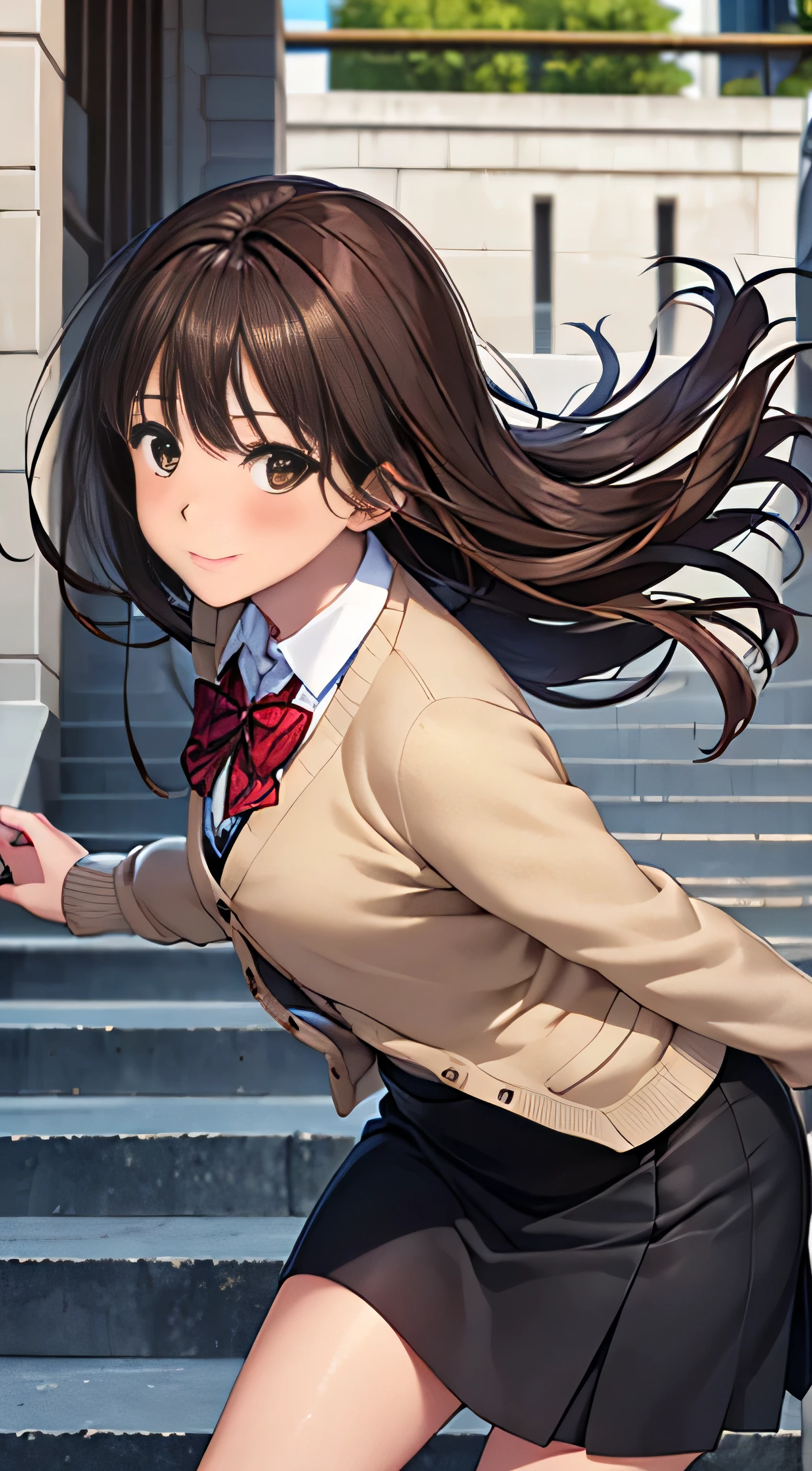 ((Tabletop, highest quality, High resolution, Hmph, Perfect Pixel, 4K, Hmph, Hmph))), One Girl, single, alone, Beauty、The whole body is visible、 ((Mid-wave hair, bangs, Brown Hair)), ((Brown eyes, Beautiful eyelashes, Realistic eyes)), ((Detailed face, Blushing:1.2)), ((Smooth texture:0.75, Realistic texture:0.65, Realistic:1.1, Anime CG Style)), Medium chest, Dynamic Angle, Perfect body, ((Red bow tie, , Black jacket, Open jacket, Brown cardigan, White shirt, Black Skirt, Checked skirt)), City stairs、Looking up from the bottom of the stairs、Very embarrassing panic smile, looked back、Leaning forward、(The wind blew up her skirt, exposing her buttocks....................、Touch your buttocks with both hands、White floral lace panties)、