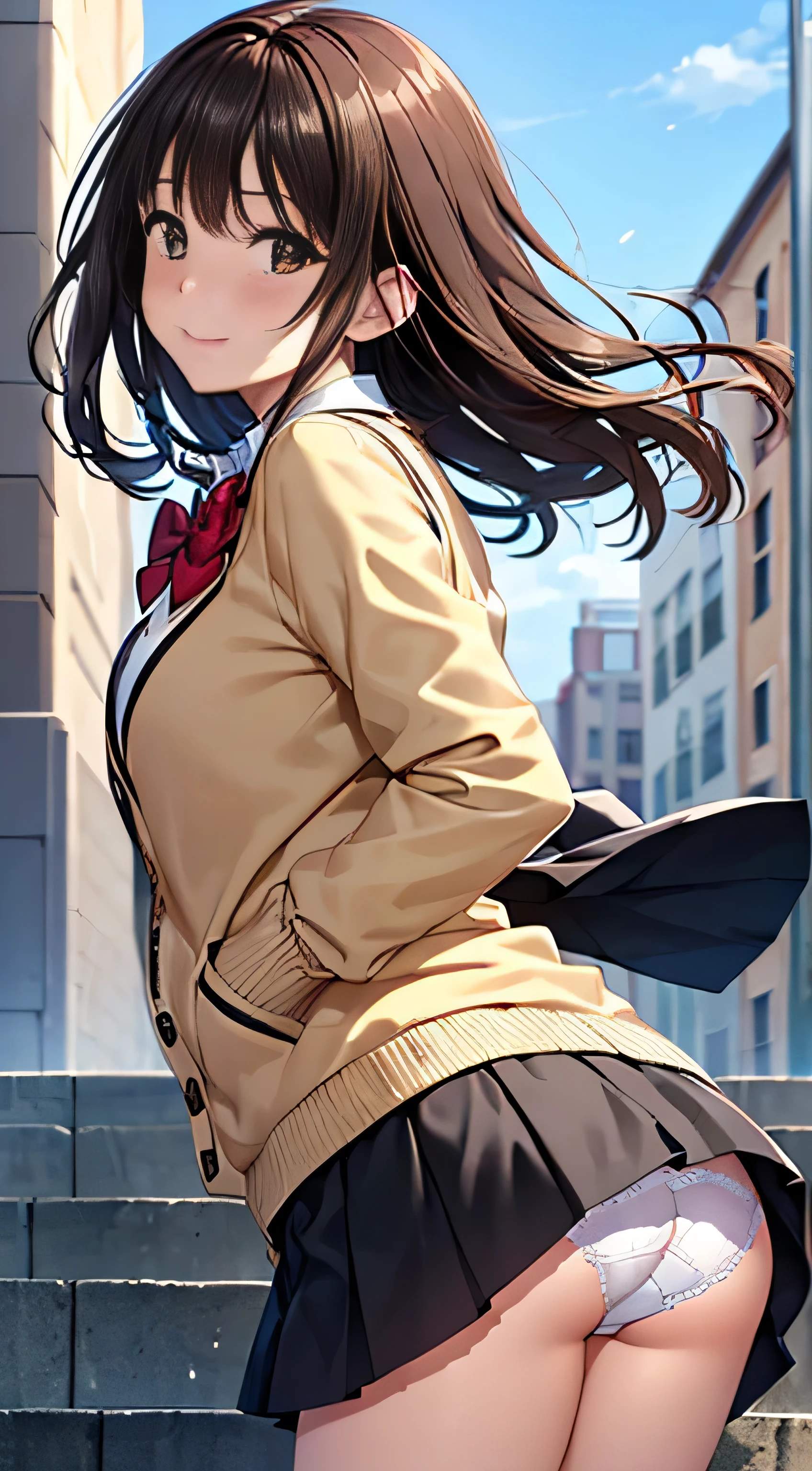 ((Tabletop, highest quality, High resolution, Hmph, Perfect Pixel,  4K, Hmph, Hmph))), One Girl, single, alone, Beauty、The whole body is visible、 ((Mid-wave hair, bangs, Brown Hair)), ((Brown eyes, Beautiful eyelashes, Realistic eyes)), ((Detailed face, Blushing:1.2)), ((Smooth texture:0.75, Realistic texture:0.65, Realistic:1.1, Anime CG Style)), Medium chest, Dynamic Angle, Perfect body,  ((Red bow tie, , Black jacket, Open jacket, Brown cardigan, White shirt, Black Skirt, Checked skirt)), City stairs、Looking up from the bottom of the stairs、Very embarrassing panic smile, looked back、Leaning forward、(The wind blew up her skirt, exposing her buttocks....................、Touch your buttocks with both hands、White floral lace panties)、