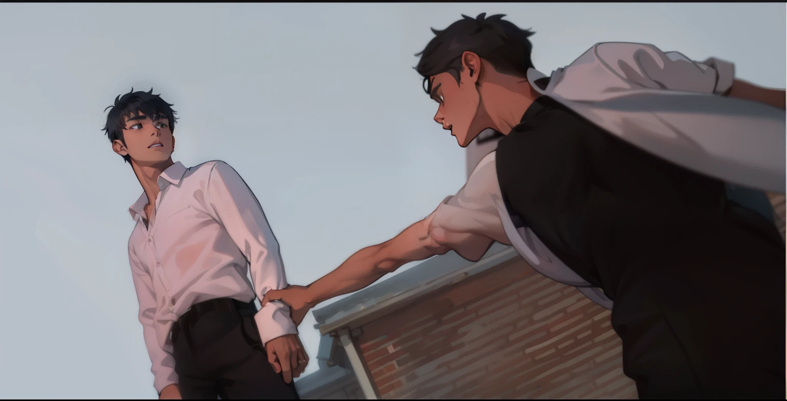 There are two young men, 17 years old, with gray hair, taking him by the hand to save him.