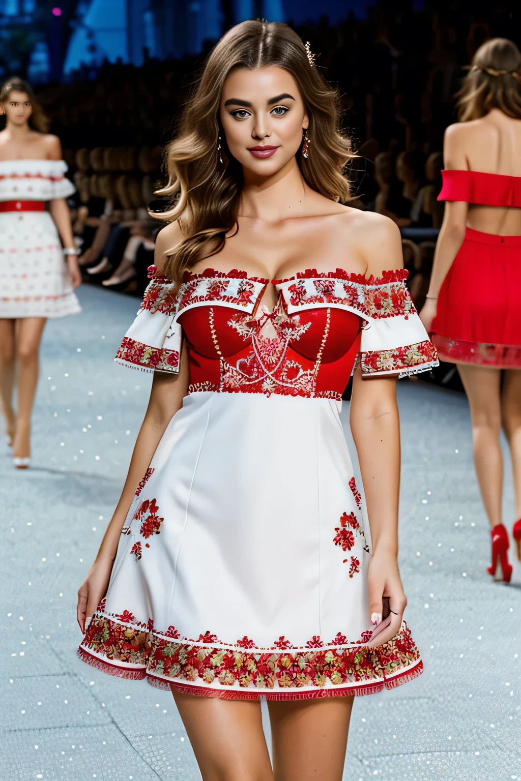 professional photo of 1 Girl , ,beautiful view, age 20, 170 cm height, beautiful girl, mix of taylor hill face, irina shayk face ,amber heard face, emily didonato face and yael shelbia face, beautiful face, real face, light brown hair, medium hair, Highly quality texture hair, curly hair, natural medium to large breasts, natural sexy cleavage, blue eyes,small nose, sexy hips, curvy girl, perfect body, white skin, radiant skin, skin texture details, sexy attire,very sweet girl, jaw dropping beauty, top-quality, masterpiece, high resolution, Photorealsitic, Raw photography, 16k wallpaper,flawless, professional lighting, highly detailed, chanel red dress,, intricate details, vogue style, cleavage, neon red mini floral dress,with embrodery details, intricate details, she is a fashion model prada trendy clothes,,she is a supermodel, walks on the runway during the Dior Fashion Show during Paris Fashion Week Spring Summer 2018 held in Paris, France on September 26, 2017, Photo by Jonas Gustavsson Sipa , vogue style, Look at viewer, seductive smile, full body photo, ultrasharp, image clarity, Canon EOS M50,Hybrid AF with 179-point focal plane phase detection and 25-point contrast detection nikon500, Happy smile, elegant pose, stylish, chanel summer collection off shoulder look, bottom angle, backgound details, foreground objects, flawless, professional lighting, highly detailed, Very detailed,real life enhancer, vivid colors, with beautiful contrast colors, she is a fashion model , Happy smile, uhd, perfect legs, realistic, sideways angle, wide shot, chanel red mini floral dress,light on her face, try to accentuate her beautiful face she is a Victoria's Secret model, runway fashion show, indoor, naughty smile, image clarity, vibrant colors, flirting with the camera, indoor, happy, smile,