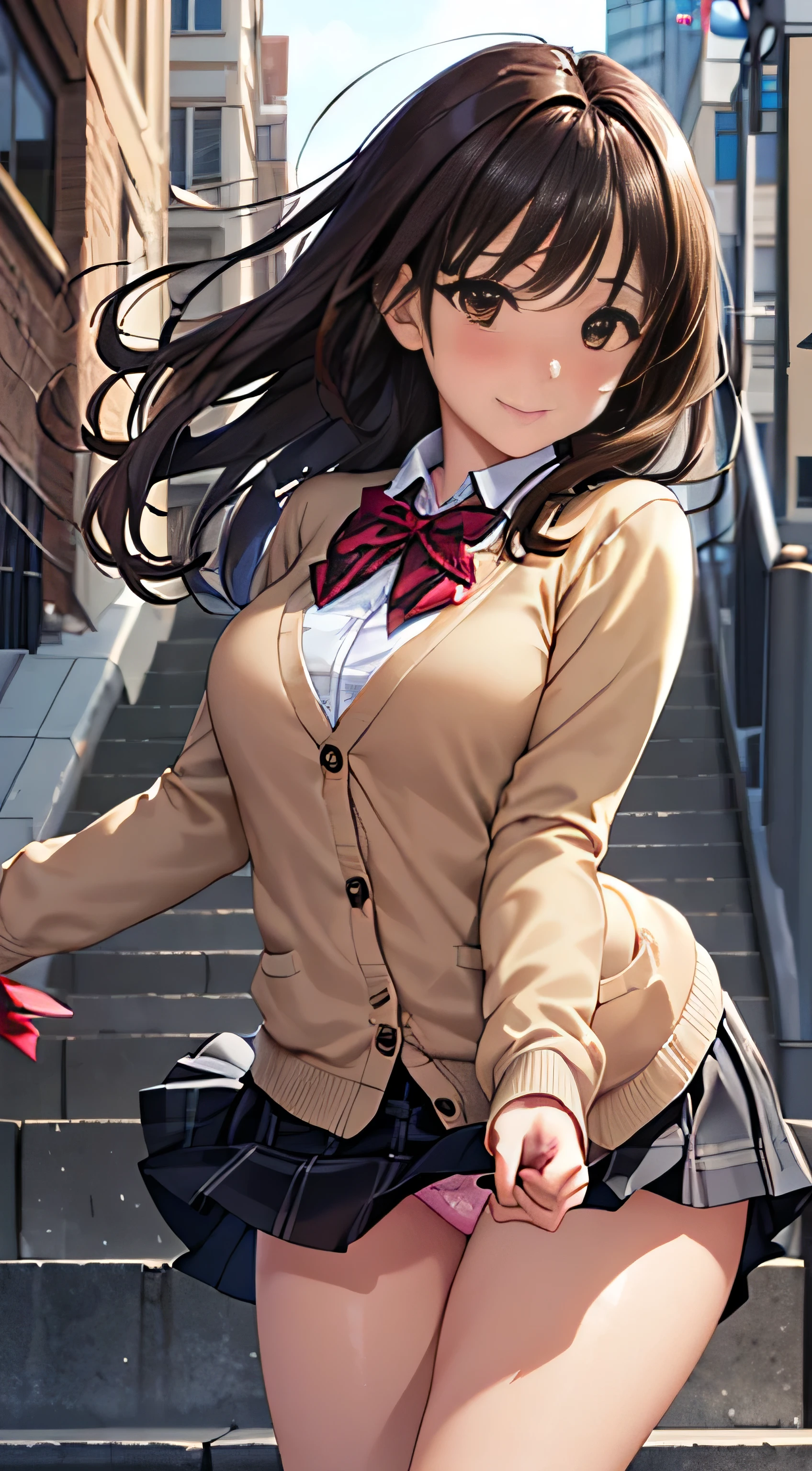 ((Tabletop, highest quality, High resolution, Hmph, Perfect Pixel, 4K, Hmph, Hmph))), One Girl, single, alone, Beauty、The whole body is visible、 ((Mid-wave hair, bangs, Brown Hair)), ((Brown eyes, Beautiful eyelashes, Realistic eyes)), ((Detailed face, Blushing:1.2)), ((Smooth texture:0.75, Realistic texture:0.65, Realistic:1.1, Anime CG Style)), Medium chest, Dynamic Angle, Perfect body, ((Red bow tie, , Black jacket, Open jacket, Brown cardigan, White shirt, Black Skirt, Checked skirt)), City stairs、Looking up from the bottom of the stairs、Very embarrassing panic smile, looked back、Leaning forward、(The wind blew up her skirt, exposing her buttocks....................、Touch your buttocks with both hands、Light pink floral lace panties)、