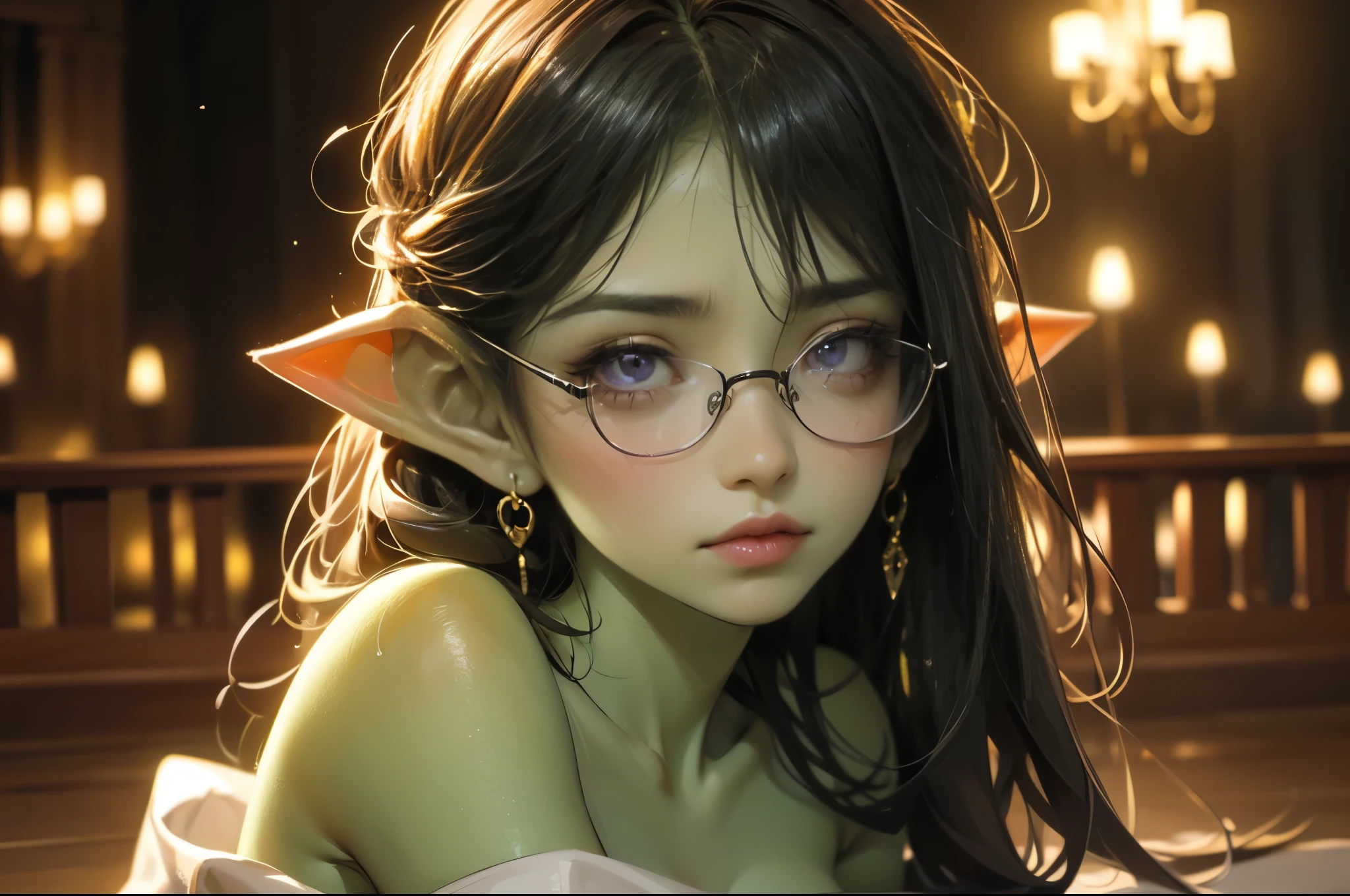 (((1girl:1.8))) (((solo))) intricate details, tonemapping, sharp focus, hyper detailed, trending on Artstation, Masterpiece, absurdrez, amazing detail, 4k, perfect face, symmetrical, (small ears), green goblin girl, wearing beautiful white evening gown, very shy, (((black glasses))), ((green skin)), short dark green hair, (purple eyes), watching the opera, victorian era opera house, fancy, opulent, dim lighting, crying, tears on face, running mascara, sad