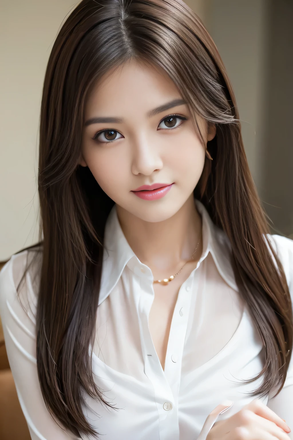 (RAW Photos), (Realistic), (masterpiece), (highest quality), High resolution, 8k, (Intricate details), (Volumetric Light), Portraiture, woman, Age 35, Medium Hair, Straight hair, Medium Chest, Accentuate your cleavage, Layered Hair, Brown Hair, Very beautiful eyes, Source order, Very thin eyebrows, Very fine skin, Very beautiful mouth, Very nice nose, Cute like an idol, smile, (Thick lips), (Looking at the audience), (White collared dress shirt), Above the knee shot,