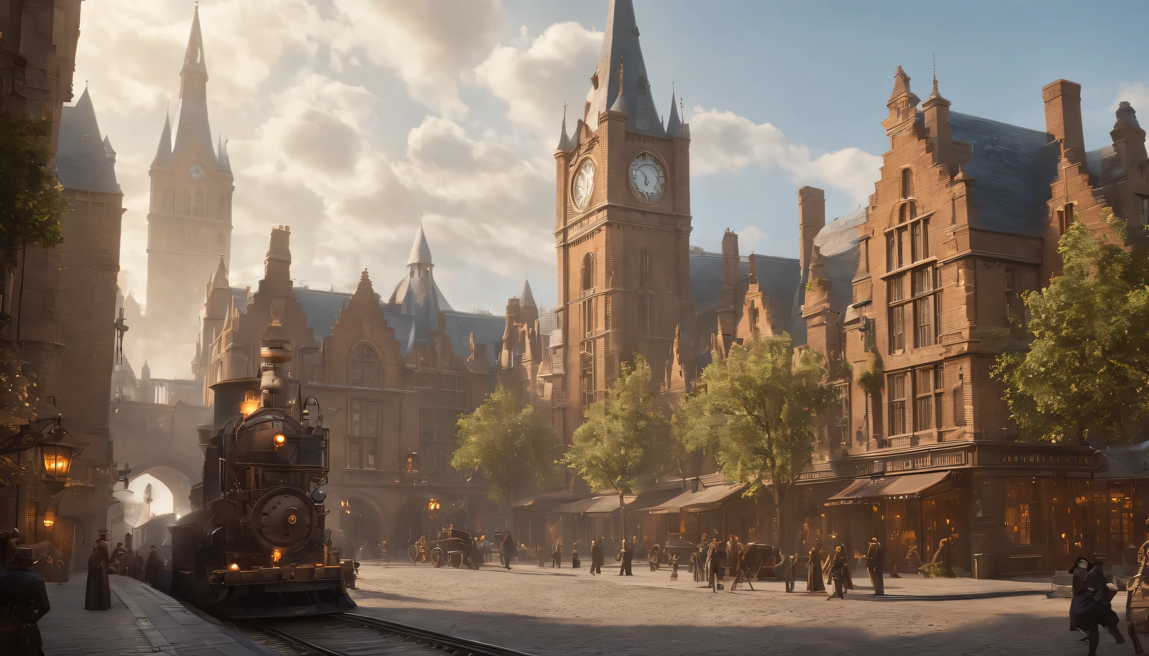 Fantasy Art, Very wide angle shot, Painting, detailed , Deviant art, Contest Winner, Concept Art, , Tim Hildebrandt, Fantasy, ((((Steampunk City)))),,During the day,, Dreamy realism, Art Station ,, Adrian Everson's Style ,Not aesthetic architecture, Movie stills,Greg Rutkowski, Create a reminder《Deadly Magic》Movie Scenery, Kings Cross Station, London, England,Featuring intricate detailing and dynamic design,Immerse your audience in a magical world. The illustration is《Deadly Magic》The awe and confusion this film evokes.