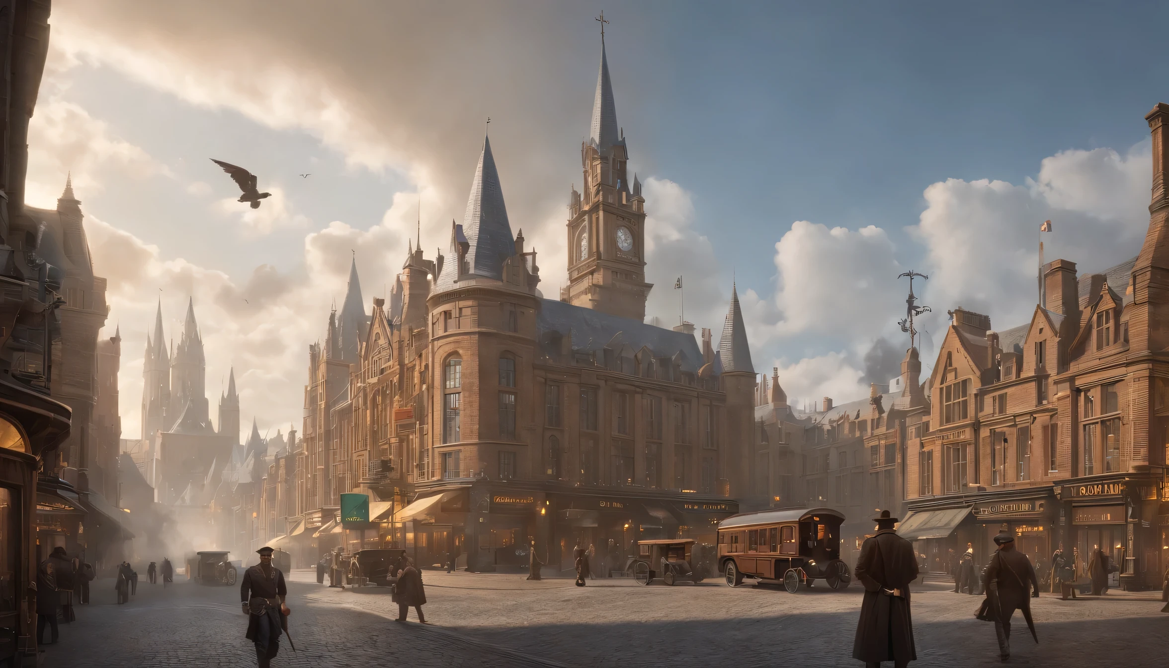 Fantasy Art, Very wide angle shot, Painting, detailed , Deviant art, Contest Winner, Concept Art, , Tim Hildebrandt, Fantasy, ((((Steampunk City)))),,During the day,, Dreamy realism, Art Station ,, Adrian Everson's Style ,Not aesthetic architecture, Movie stills,Greg Rutkowski, Create a reminder《Deadly Magic》Movie Scenery, Kings Cross Station, London, England,Featuring intricate detailing and dynamic design,Immerse your audience in a magical world. The illustration is《Deadly Magic》The awe and confusion this film evokes.