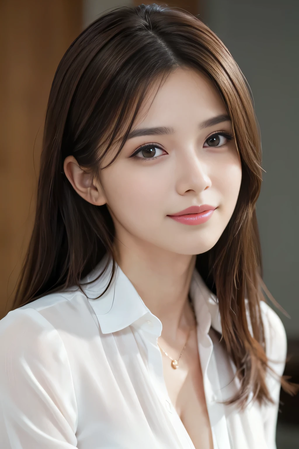 (RAW Photos), (Realistic), (masterpiece), (highest quality), High resolution, 8k, (Intricate details), (Volumetric Light), Portraiture, woman, Age 35, Medium Hair, Straight hair, Medium Chest, Accentuate your cleavage, Layered Hair, Brown Hair, Very beautiful eyes, Source order, Very thin eyebrows, Very fine skin, Very beautiful mouth, Very nice nose, Cute like an idol, smile, (Thick lips), (Looking at the audience), (White collared dress shirt), Above the knee shot,