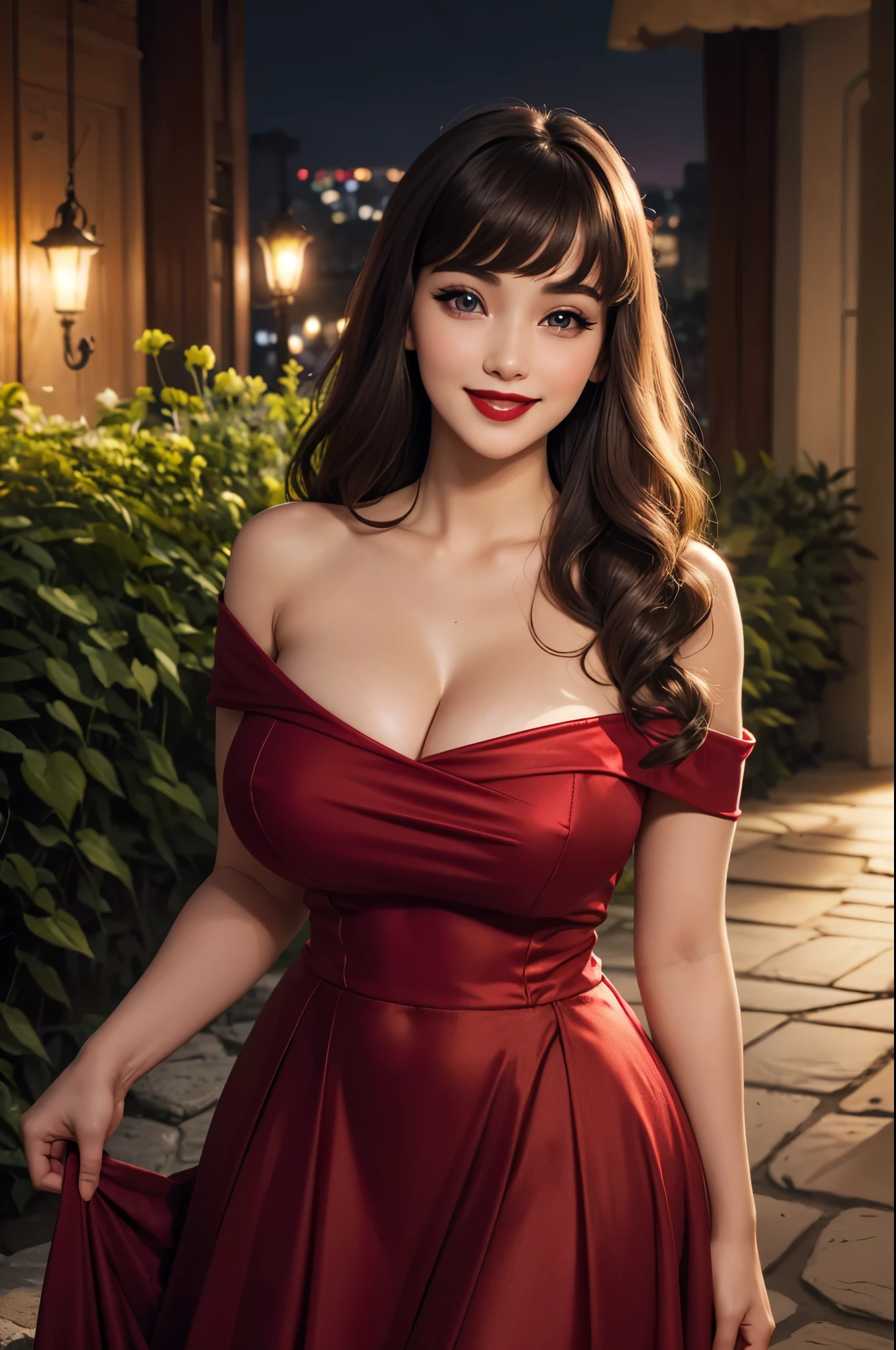 DisneyAurora 27 years old, full body shot, Beautiful woman (((shoulder length wavy brunette hair))) (bangs:1.2) (red dress, long skirt) (purple eyes) defined body, Red lipstick, smiling, hands free, standing, (huge_breasts:1.1) , penthouse garden city night, (curvy:1.1)