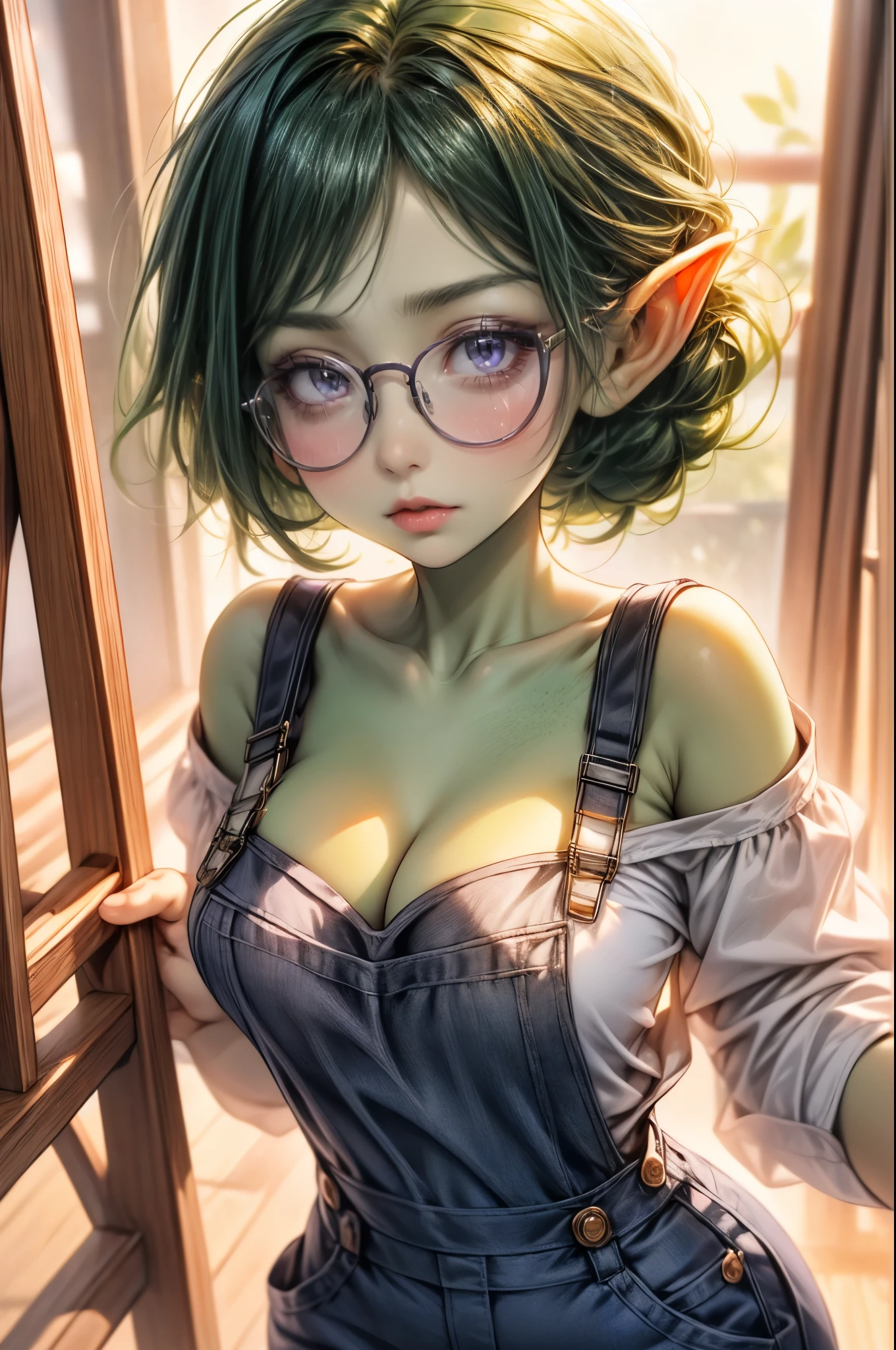 (((1girl:1.8))) (((solo))) intricate details, tonemapping, sharp focus, hyper detailed, trending on Artstation, Masterpiece, absurdrez, amazing detail, 4k, perfect face, symmetrical, (small ears), green goblin girl, very shy, ((tiny breasts)), (((black glasses:1.4))), ((green skin)), ((short green hair)), (purple eyes), painting in an art class, learning to paint, standing at an easel, paintbrush in hand, wearing overalls, dynamic pose, incomplete painting of a woman on the canvas