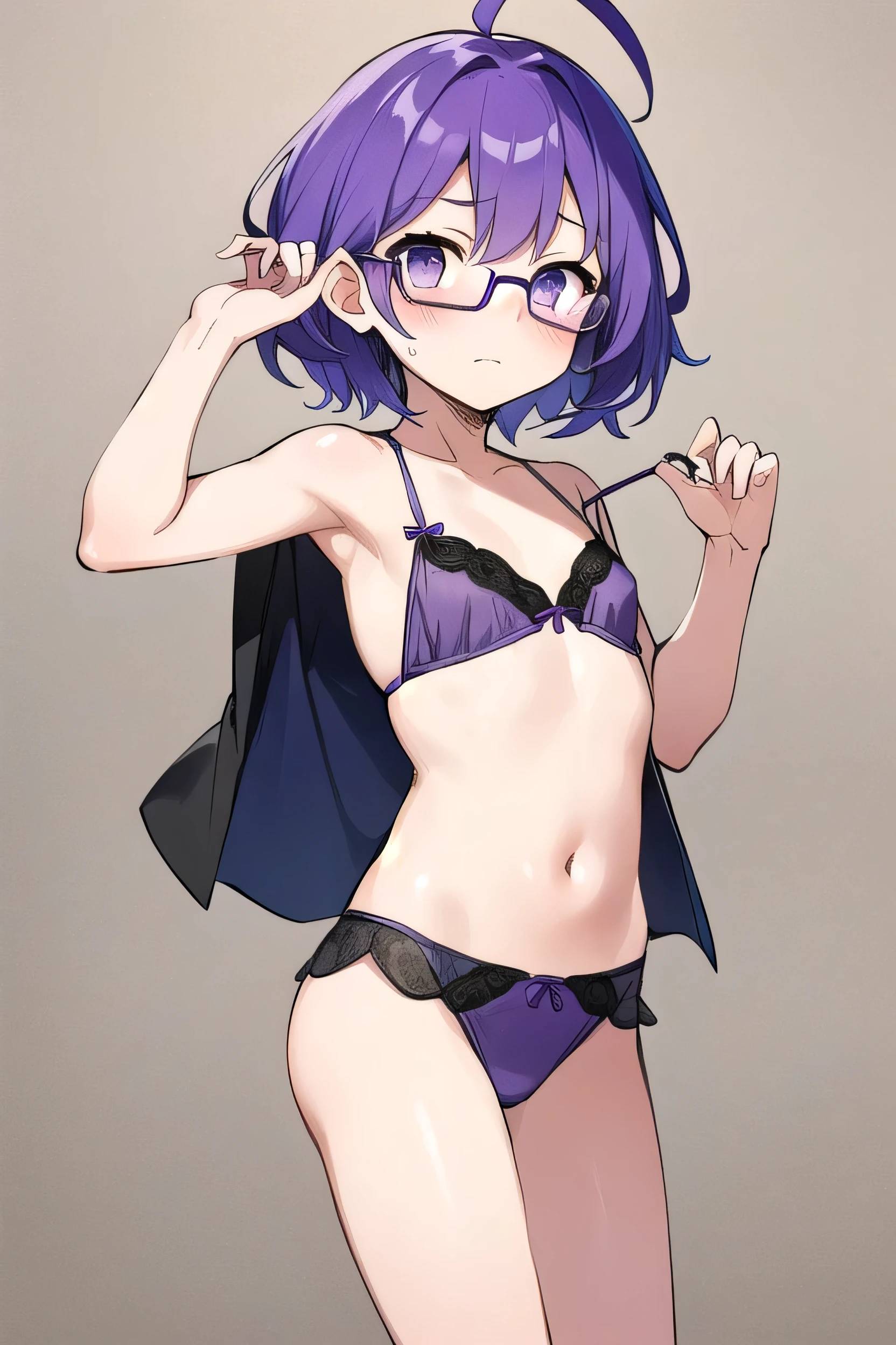 (Purple hair:1.4), gray eyes, , short, short long hair, kind expression, shy, almost no breasts, slixposed. hair,(flipped hair ), fli hair, ahoge, gilone, flipped hair, flipped hair,pped hair, fli hair, glassesh no edges, emassed, flat chest，Silk Lingerie Set
