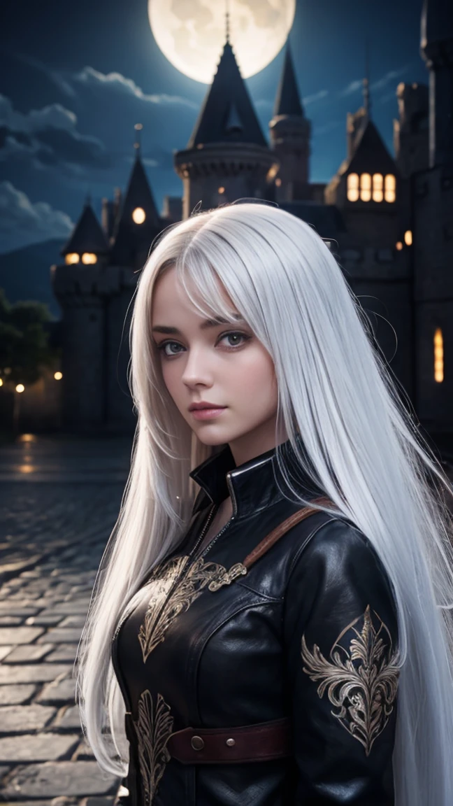 woman with long white hair and silver eyes color, in a castle, in the night, dark ilumination