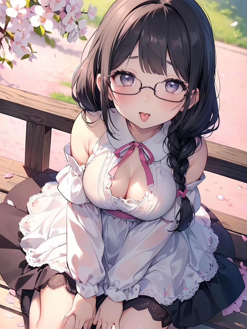 Very detailed, highest quality, High resolution, Moe Anime, ((A cute elementary school girl with black hair and droopy eyes)), ((Wearing large round glasses:1.4)), (Baby Face), Cute eyes, Detailed eye depiction, Sparkle in the eyes, View your viewers, Pale skin, (Big eyes:1.4, Droopy eyes:1.4, Fatty face:1.4), smile, Focus on the face, In the park with cherry blossoms falling, Sitting, (Extreme close up of tongue), (((From above))), Open your mouth, (((Face only:1.3))), ((White lace off-the-shoulder dress)), Bright Eyes, Light from the front, (Put your hands between your legs:1.4), large and long tongue, Cleavage, Braided Hair, Pink ribbon