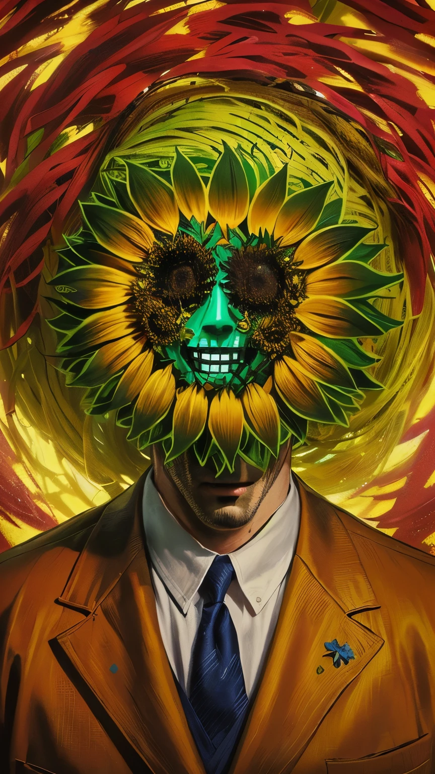 Horror, cult, scared, a close up of a person wearing a suit and tie with a sunflower in front of their face, flower head, flower mask, flower face, giant flower head, hylics artwork, flowerpunk, flowey, giant sunflower as a face, shamanic horror lsd art, ethereal flowerpunk, art deco flower shaman, head made of giant daisies, butcher billy