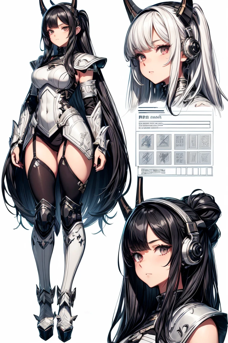 (masterpiece), ultra detailed, 8k, ((A character sheet:1.4)) or reference sketch of a long haired gal girl with sharp teeth and she is a gamer with her headphone and have a horn, ultra realistic and sharp detail and intricate, intricate details, and style, simple background illustration, white flat background,((long black hair)),((long hair)),((armor))