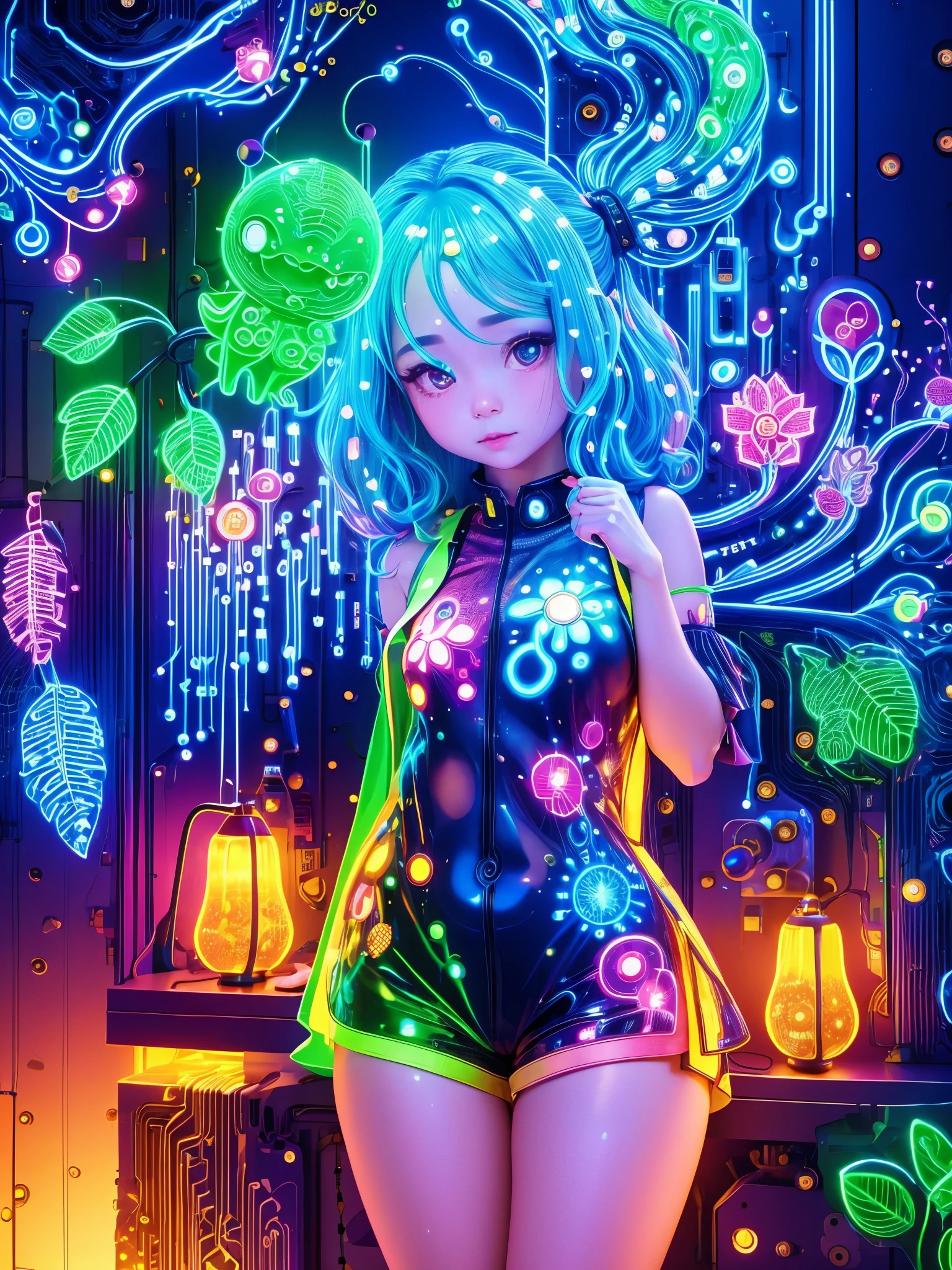 (霓虹lamp)，Circuit Board，colorful nipples，luminescent colors，lamp，girl，Looking at the camera，slime girl，Flowy vest shorts，Towards the wall，Big round eyes，charming，(Ultra HD, masterpiece, precise, Anatomically correct, textured skin, High Detail, high quality, The award-winning, 8k)