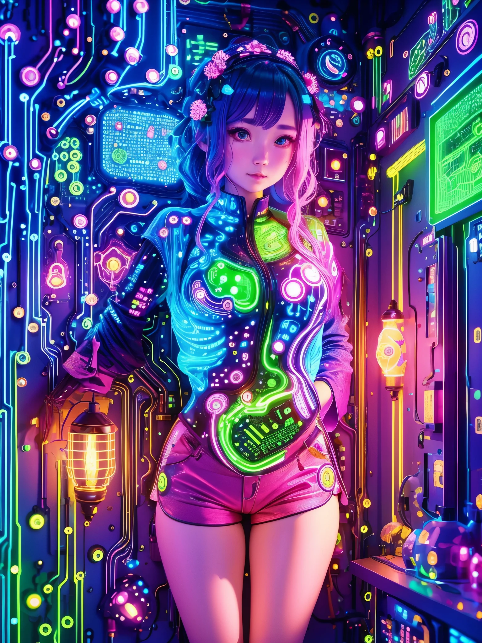 (霓虹lamp),Circuit Board,colorful nipples,luminescent colors,lamp,girl,Looking at the camera,slime girl,Flowy vest shorts,Towards the wall,Big round eyes,charming,(Ultra HD, masterpiece, precise, Anatomically correct, textured skin, High Detail, high quality, The award-winning, 8k)