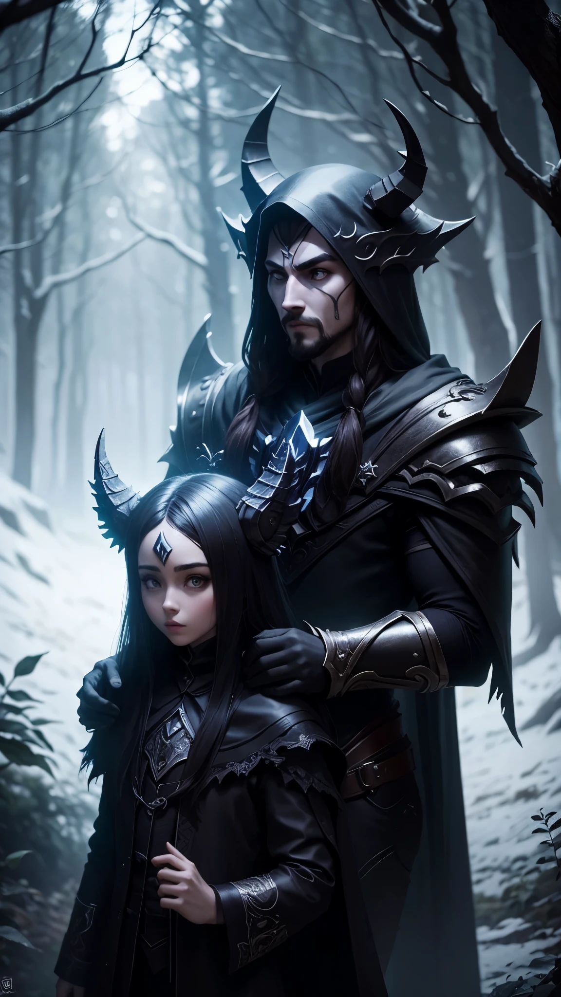 Los kindred de league of legends en un bosque oscuro y tenebroso