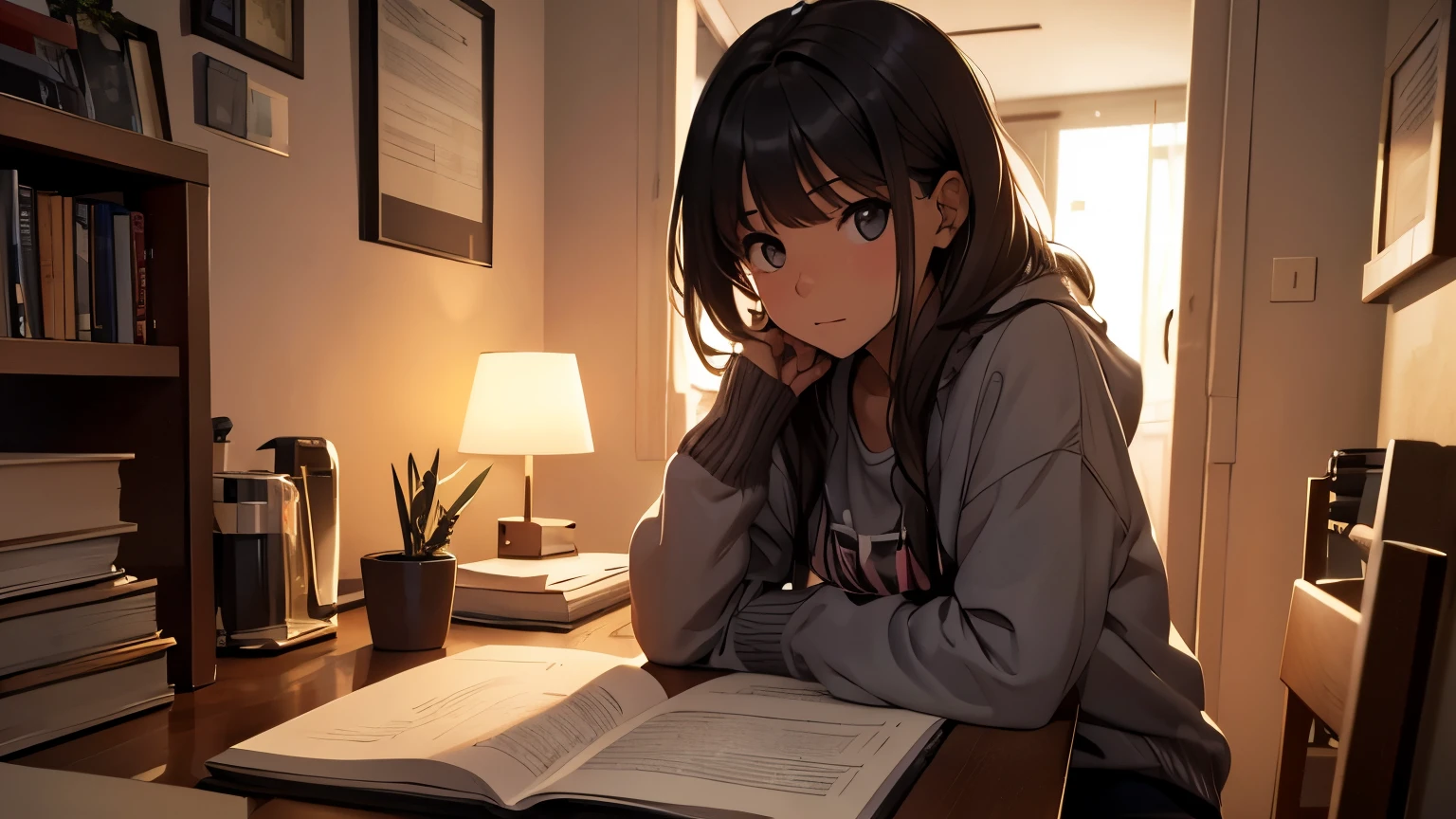 Chica en su habitacion estudiando, donde se observa la calle por la noche con lluvia