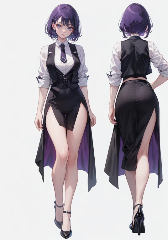 ((Perfect Face)),Purple Hair,Shortcuts,Adult female,bartender,((Harness)),Black vest,((Shirt with rolled up sleeves)),tie,((slit)),High heels,,((Simple Background)),smile,((whole body)),((full body)),Character portrait,upright,,Both arms are lowered,upright,