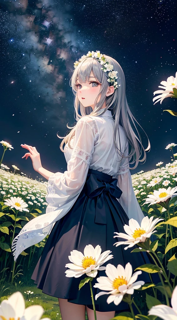 High resolution, Super detailed,(masterpiece:1.2),((highest quality)),(One girl:1.3),Amidst the fantastic beauty of the Milky Way, Countless white flowers bloom, Petals play a symphony of colors,Mr.々Blue lights of various sizes and shapes dot the landscape.,A gentle light spreads over the tranquil surroundings. 繊細な花びらが青い光の複雑な模Mr.と混ざり合う, Create a fascinating atmosphere where the boundaries between nature and art become blurred., The petals are soft,Long silver hair,From below