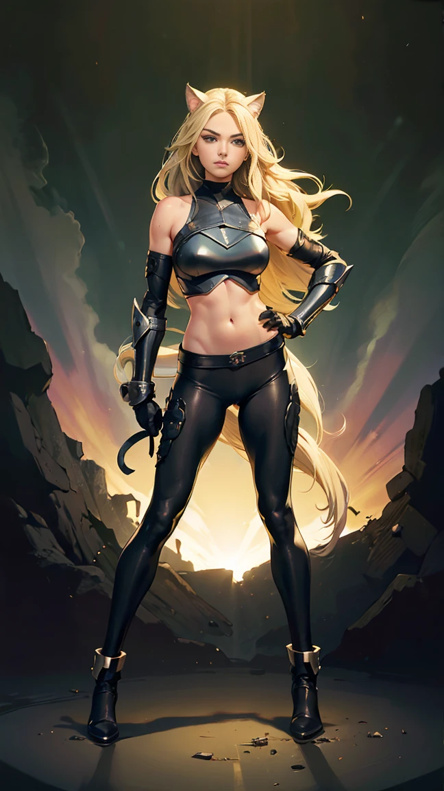 (((full body photo)))  Kate Austen, , girl with 3 pair of arms, long blond hair, flowing blond hair, cat ears, green eyes, in a full body black armor with leggings, masterpiece, high quality, outsideheroine pose, with a sword in hand, shoulders exposed, navel exposed, gloves,
.