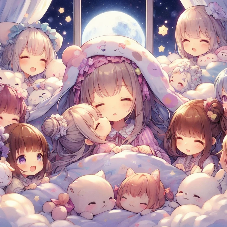 Anime girl in bed with stuffed animal and full moon, Nightcore, cute anime, anime art wallpaper 8k, pixiv, anime art wallpaper 4k, anime art wallpaper 4k, trending on artstation pixiv, dreamy night, cute detailed digital art, digital art on pixiv, guweiz on pixiv artstation, splash art anime