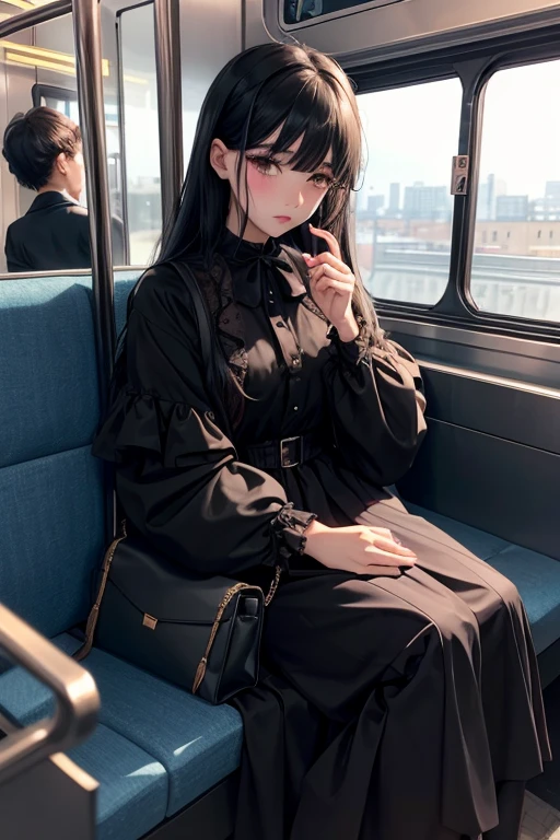 Men dressed as women、 crossdresser、Black medium hair、Valletta、makeup、mascara、blush、shame、Watery eye、Jacket、Puff sleeve long sleeve blouse、Long skirt、Black pantyhose、I am on a train、Bag