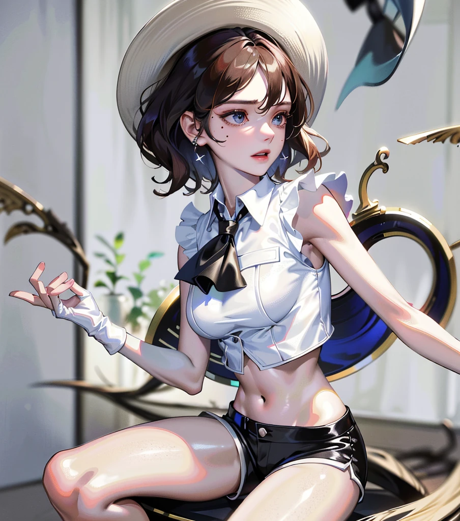 absurdres, RAW photo, extremely delicate and beautiful, masterpiece, Best Quality, ultra high resolution, 32k, hyperrealistic, ultra-detailed, perfect anatomy, anatomically correct, perfect figure, super Detailed skin, pale skin, 20 years old, very Slim body, narrow waist, very small head, very small face, delicate facial features, detailed face, detailed eyes, tearful mole, earring, thin legs, bare legs, (very huge round breasts), short medium hair, ((wavy hair)), wet clothes, solo, collared white shirt, ((cowgirl costume)), vest, cowboy hat, fingerless gloves, midriff, neckerchief, shorts, holster,