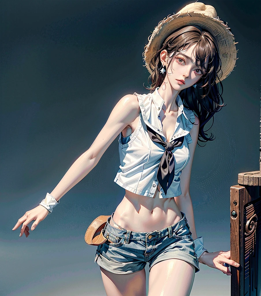 absurdres, RAW photo, extremely delicate and beautiful, masterpiece, Best Quality, ultra high resolution, 32k, hyperrealistic, ultra-detailed, perfect anatomy, anatomically correct, perfect figure, super Detailed skin, pale skin, 20 years old, very Slim body, narrow waist, very small head, very small face, delicate facial features, detailed face, detailed eyes, tearful mole, earring, thin legs, bare legs, (very huge round breasts), short medium hair, ((wavy hair)), wet clothes, solo, collared white shirt, ((cowgirl costume)), vest, cowboy hat, fingerless gloves, midriff, neckerchief, shorts, holster,