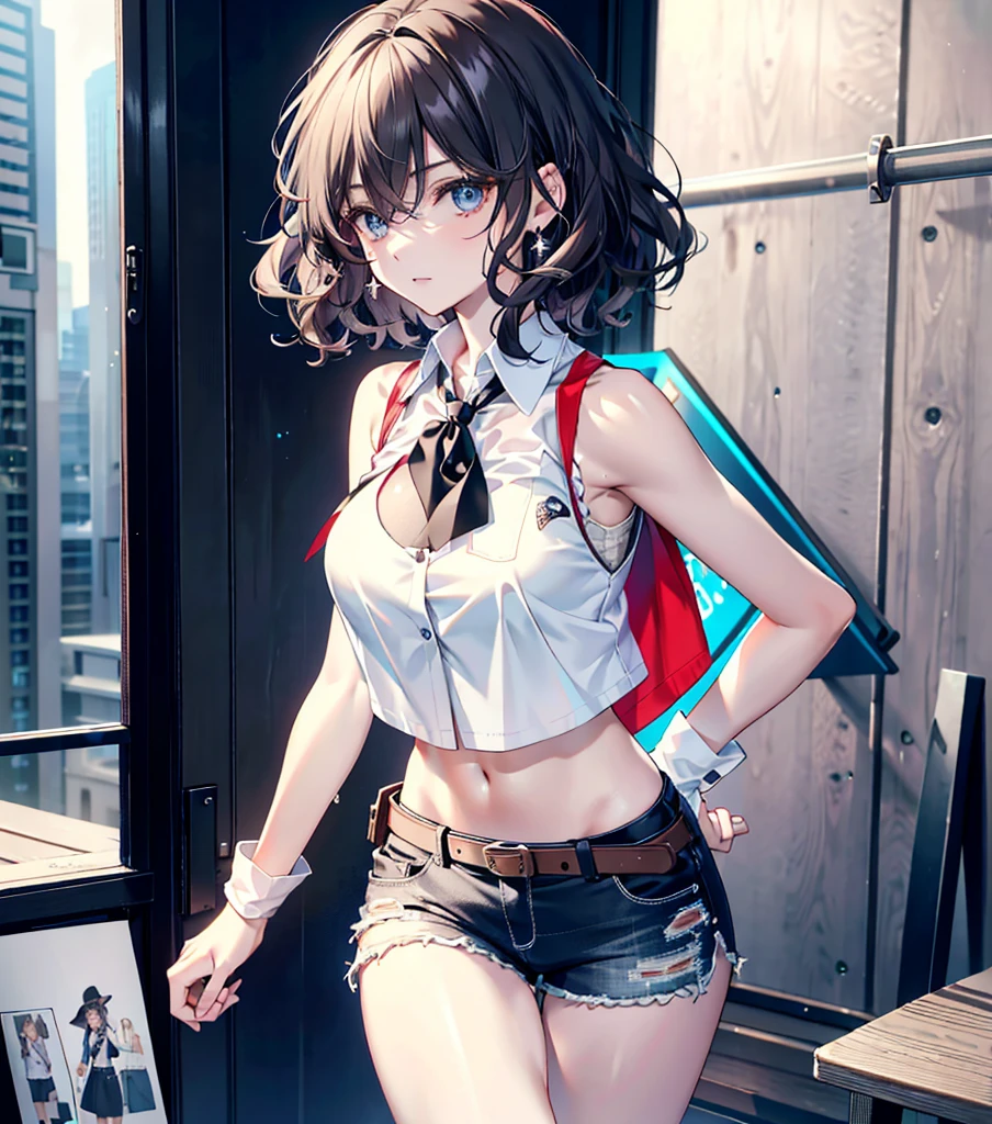 absurdres, RAW photo, extremely delicate and beautiful, masterpiece, Best Quality, ultra high resolution, 32k, hyperrealistic, ultra-detailed, perfect anatomy, anatomically correct, perfect figure, super Detailed skin, pale skin, 20 years old, very Slim body, narrow waist, very small head, very small face, delicate facial features, detailed face, detailed eyes, tearful mole, earring, thin legs, bare legs, (very huge round breasts), short medium hair, ((wavy hair)), wet clothes, solo, collared white shirt, ((cowgirl costume)), vest, cowboy hat, fingerless gloves, midriff, neckerchief, shorts, holster,