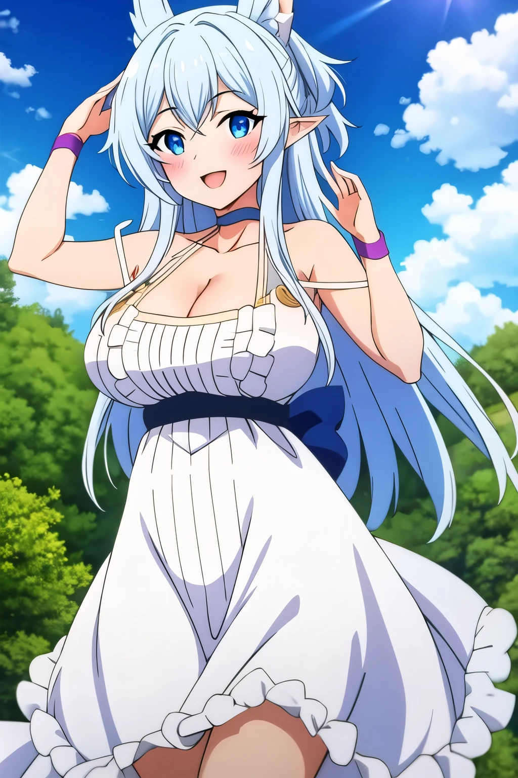 sysdeep_fenrys, 1girl, solo, long_hair, breasts, blush, smile, open_mouth, bangs, blue_eyes, large_breasts, dress, cleavage, collarbone, upper_body, white_hair, :d, sidelocks, outdoors, frills, sky, choker, day, pointy_ears, cloud, white_dress, arms_up, blue_sky, v-shaped_eyebrows, anime_coloring