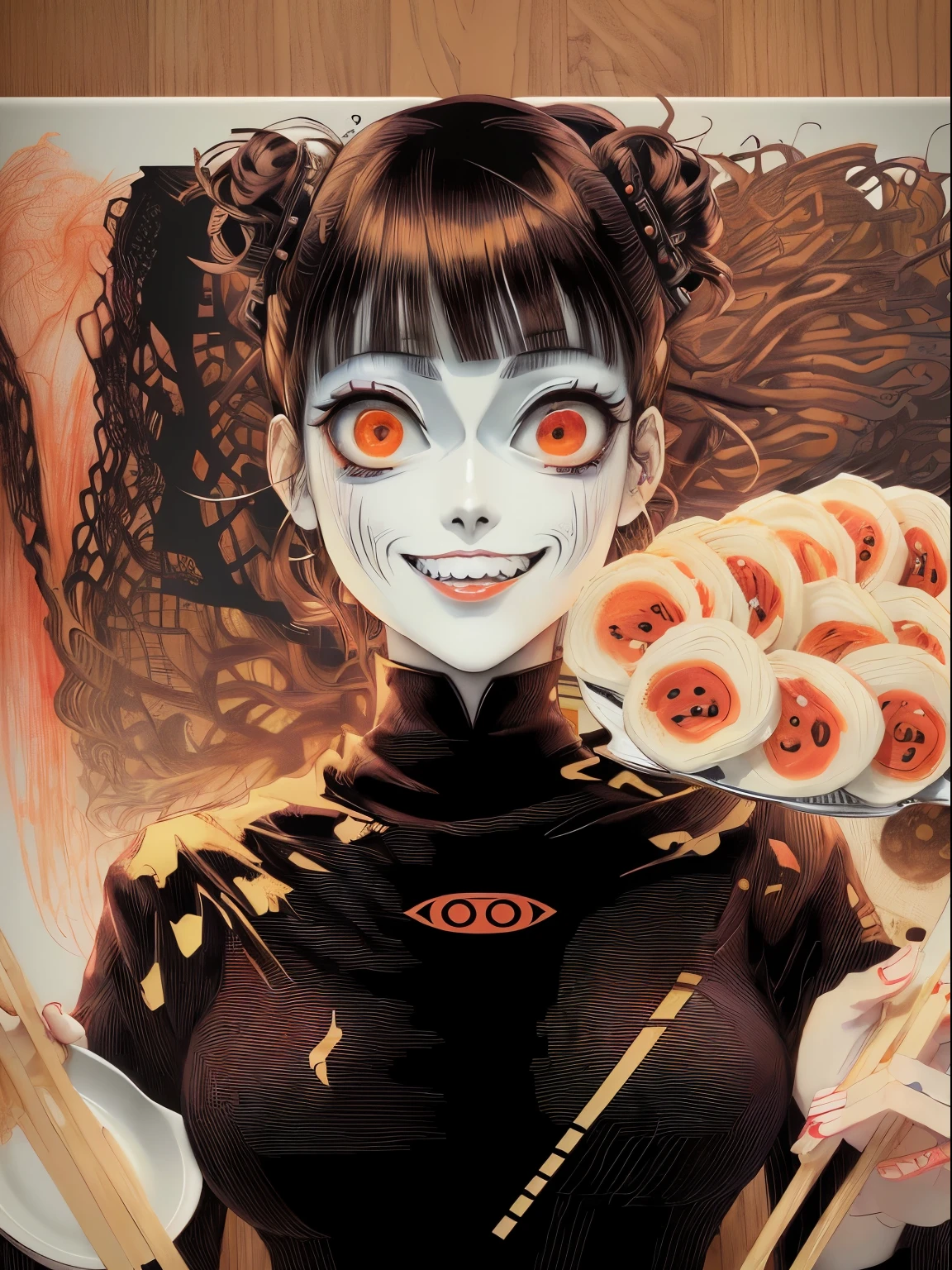 anime style picture of a woman holding a plate of food, junji ito 4 k, anime food, kazuo umezu artwork, anime robotic mixed with organic, style of junji ito, art style of junji ito, inspired by Junji Ito, noodles, anime styled digital art, junji ito style, digital manga art, junji ito's uzumaki