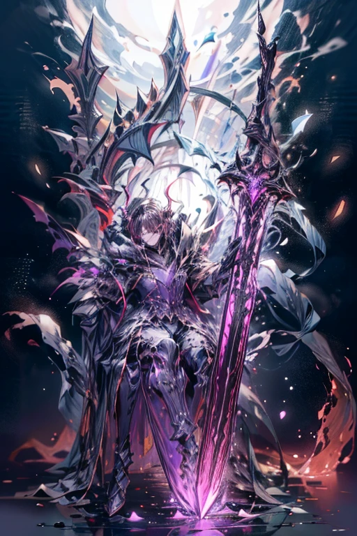 (masterpiece, best quality, perfect face, top quality, high resolution, expressive eyes), 1boy, (anime), (male), (adult), black hair, purple eyes, black dragon wings, black crown, black fur cloak, black dragon horns, holding purple magic sword, on a throne