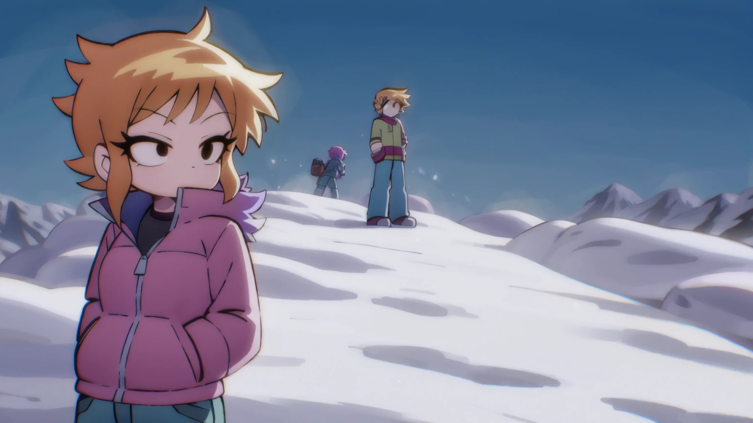 Scott Pilgrim orange hair shirt jacket thick eyebrows Canada standing alone in the snow