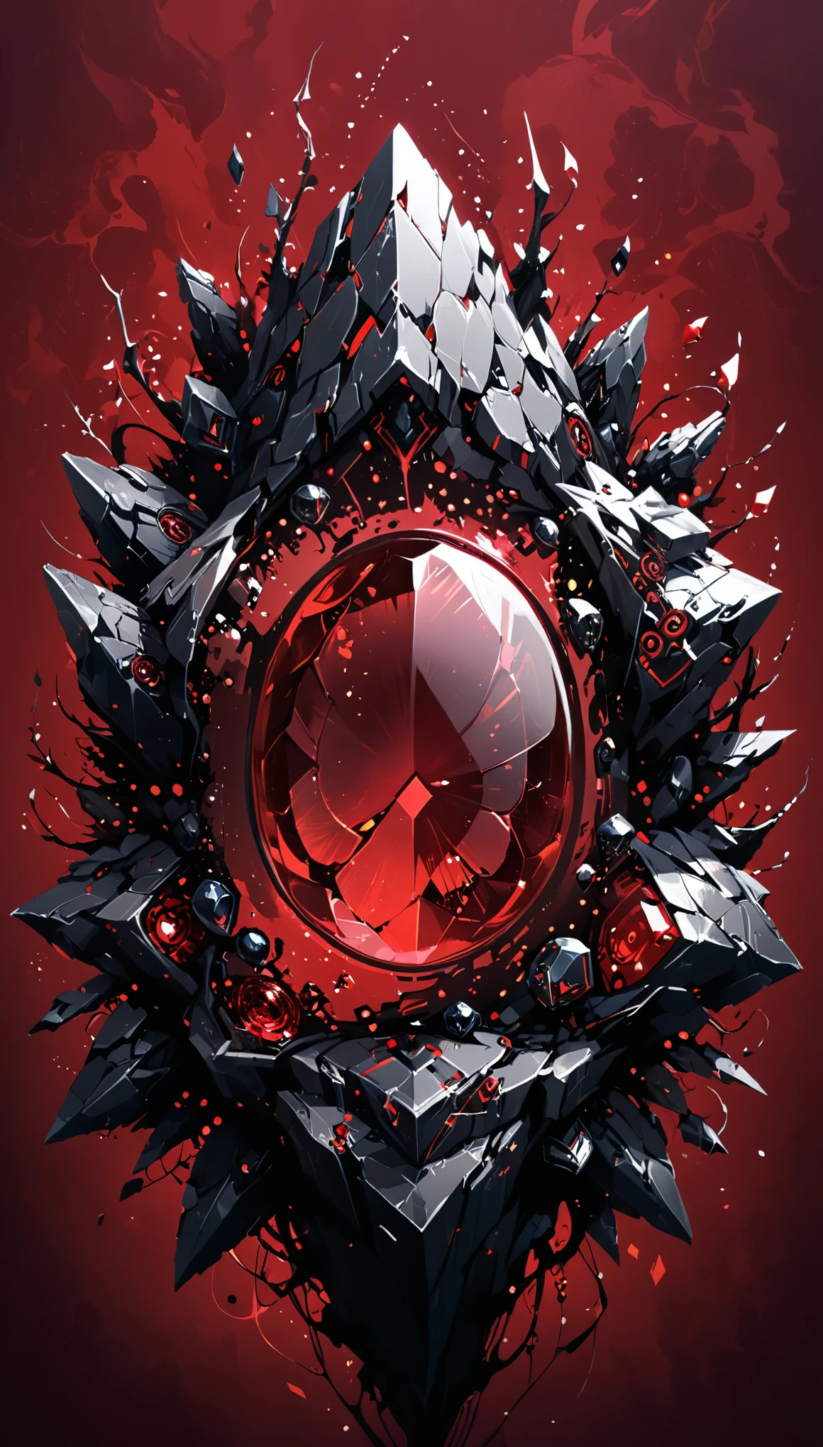 (artist by Abstract D'Oyley,Olly Moss:1.1),(Mysterious Landscape:1.5),suspenseful, Fantasy,Dark,shadowy, atmospheric, dark colors (A miracle stone showing modern technological patterns:2.0), leaving the viewer suspended in a state of numb indifference."(A miracle stone showing modern technological patterns:2.0), leaving the viewer suspended in a state of numb indifference, (Dangerous beast:1.3), Miracle Stone, （future technology：2.2）（red, dark red color palette:1.8）