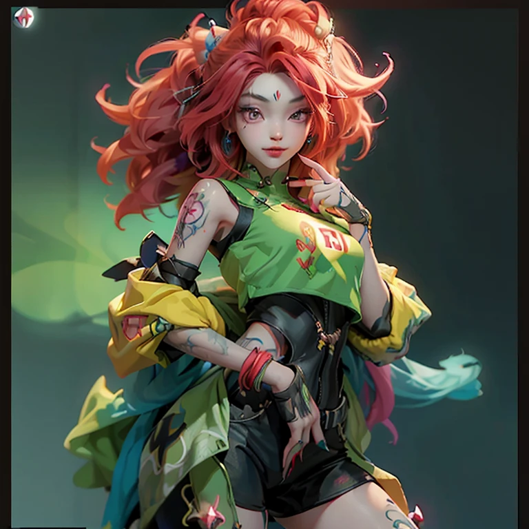 a bichinho gordo de peludo com boca grande e dentes pontiagudos, olhos brilnantes verdes neon,  with red hair and tattoos  neon luminosos, on her arm, instagram hd, headcrab, cover art, screengrab, cubo neon red, detalhes florescentes luminosos, crosses, 1 2 k, female android, female fursona, tiktok, 1:1 album artwork, goblinko, 8 h, smiley profile, famous artist, inspired by Georg Schrimpf, 2 0 7 7