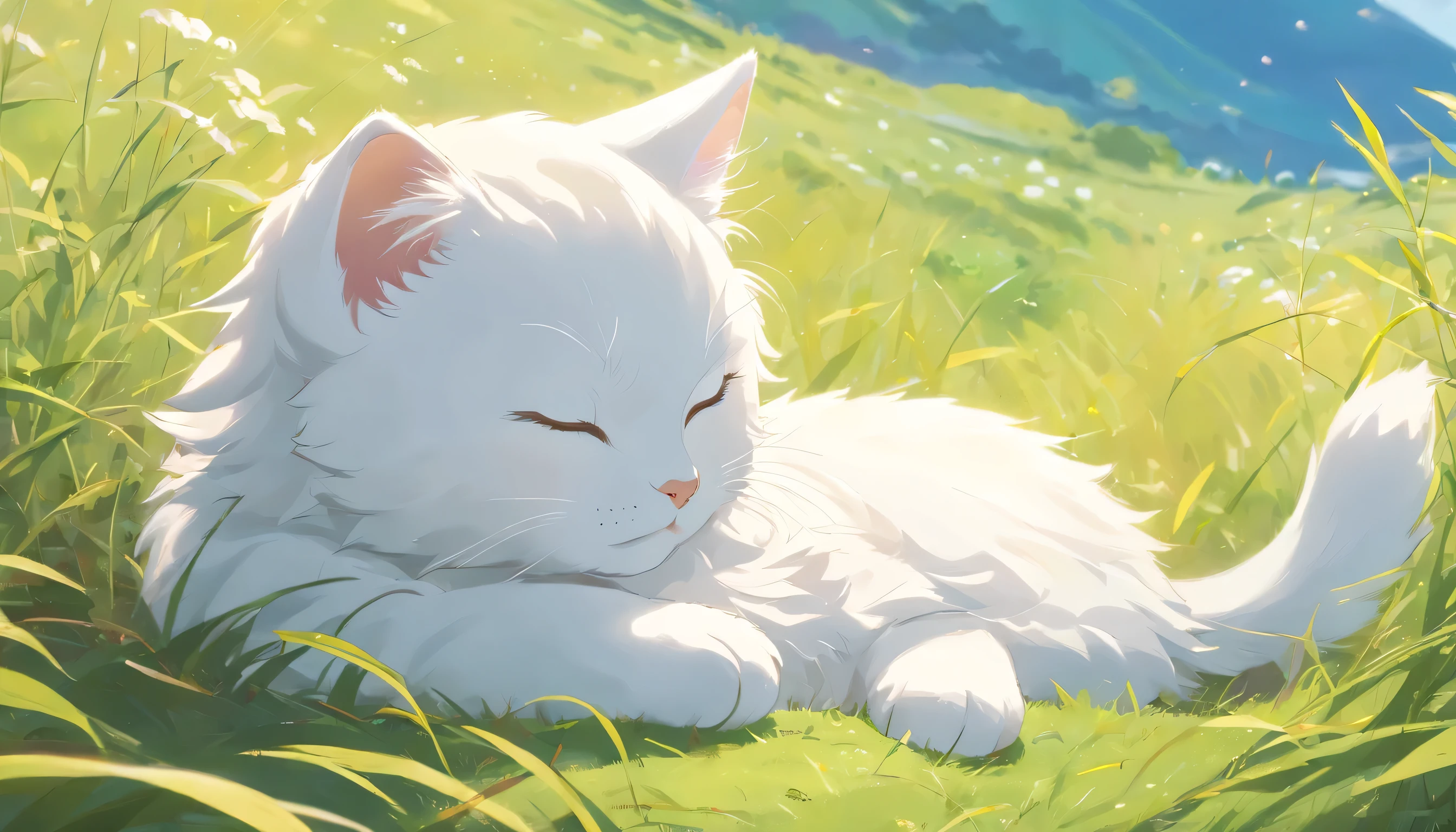 (highest quality, High resolution),White kitten sleeping curled up,Adorable,Hairy pubic hair，With soft fur,peaceful,comfortably,Attention to detail,Cute little paws,Calm,comfortable,quiet,Blissful,Vibrant colors,Gentle lighting、grassland、