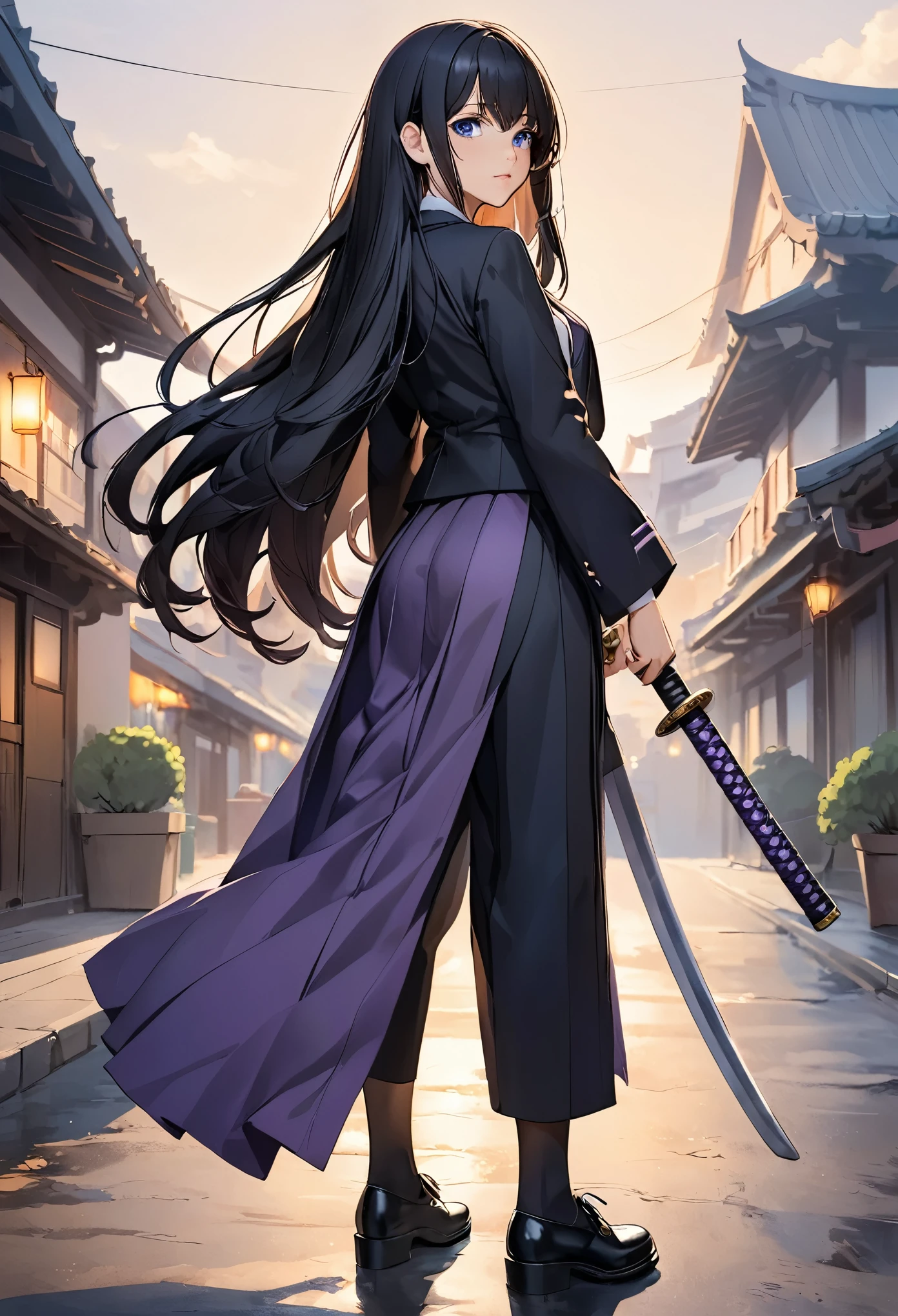 anime girl with blue eyes and black long straight hair colegial clothes full body holding a katana backside purple
