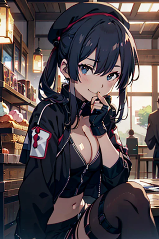 (from below:1.2),(from side:0.9), ((cute Face)), (Close-Up:0.6), ((looking at viewer, holding a icecream)),(Italian sweets magazine cover:0.4), highest quality、(real、photorealistic:1.5),(ultra high resolution,dark blue hair,long hair,side ponytail,hair between eyes,bangs, (beret, black jacket, open clothes, cleavage, midriff, black shorts, black thighhighs, thigh strap, fingerless gloves, single glove:1.2), (double breasted,under bust:1.2), sitting at a table, cute, anime visual of a cute girl, cute anime girl, eating cakes, young anime girl, guweiz, high quality anime artstyle, anime girl, artwork in the style of guweiz, beautiful anime girl, pretty anime girl, (anime girl), official artwork,(with sparkling eyes and a contagious smile),her thin pubic hair, looking at viewer, pose muy sexy"