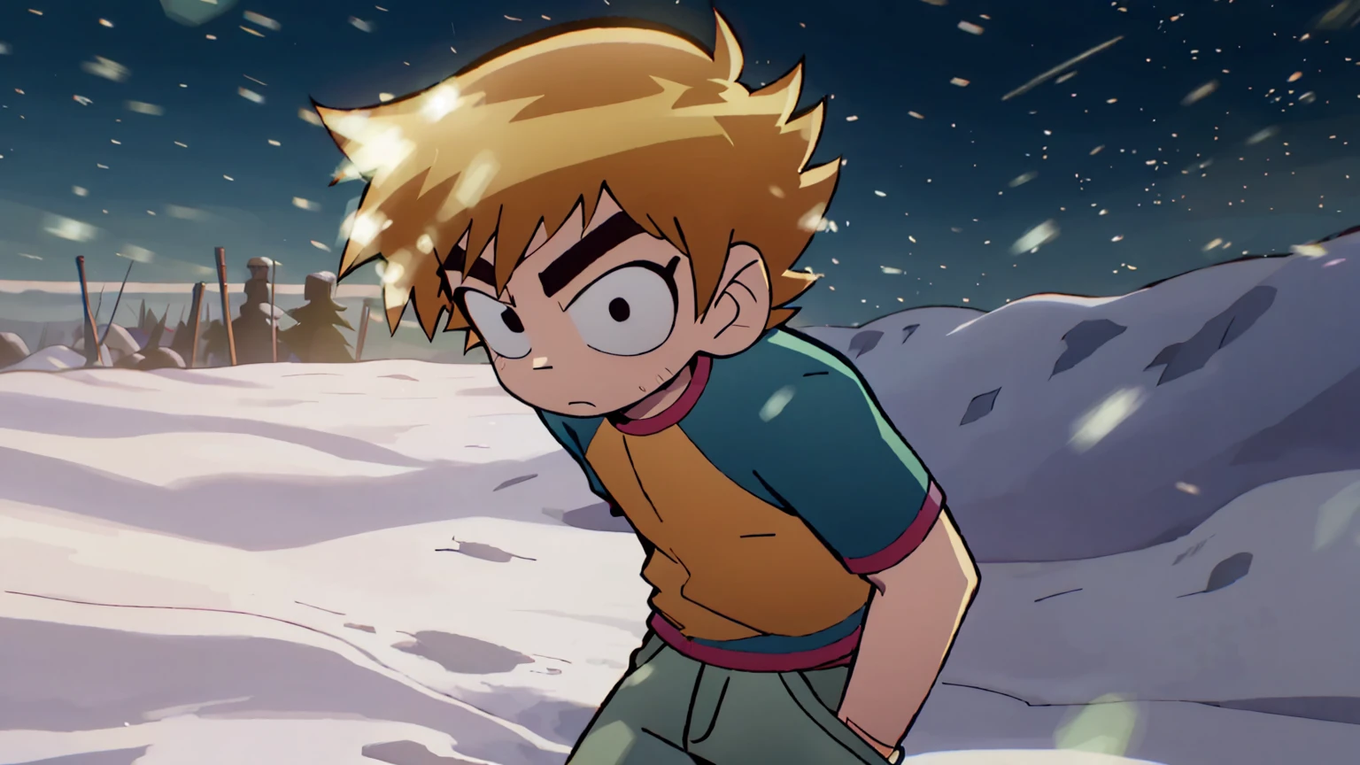 Scott Pilgrim Takes Off A Boy Scott Pilgrim Orange Hair Shirt Jacket Thick Eyebrows Canada Standing Alone in the Snow
