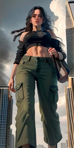 "A tall giant with a cool, relaxed hippie look in a crop top and baggy pants.. Her toned physique suggests her great strength.. She appears to be taking a leisurely stroll through the bustling streets of GTS City., Towering buildings overhead. Smoke and clouds swirling around her, Enhance the grand scale and drama. 照明がdark, dark, Realistic, Create a tense and ominous atmosphere. Perspective from the bottom, Emphasizing the majesty and power of giants."